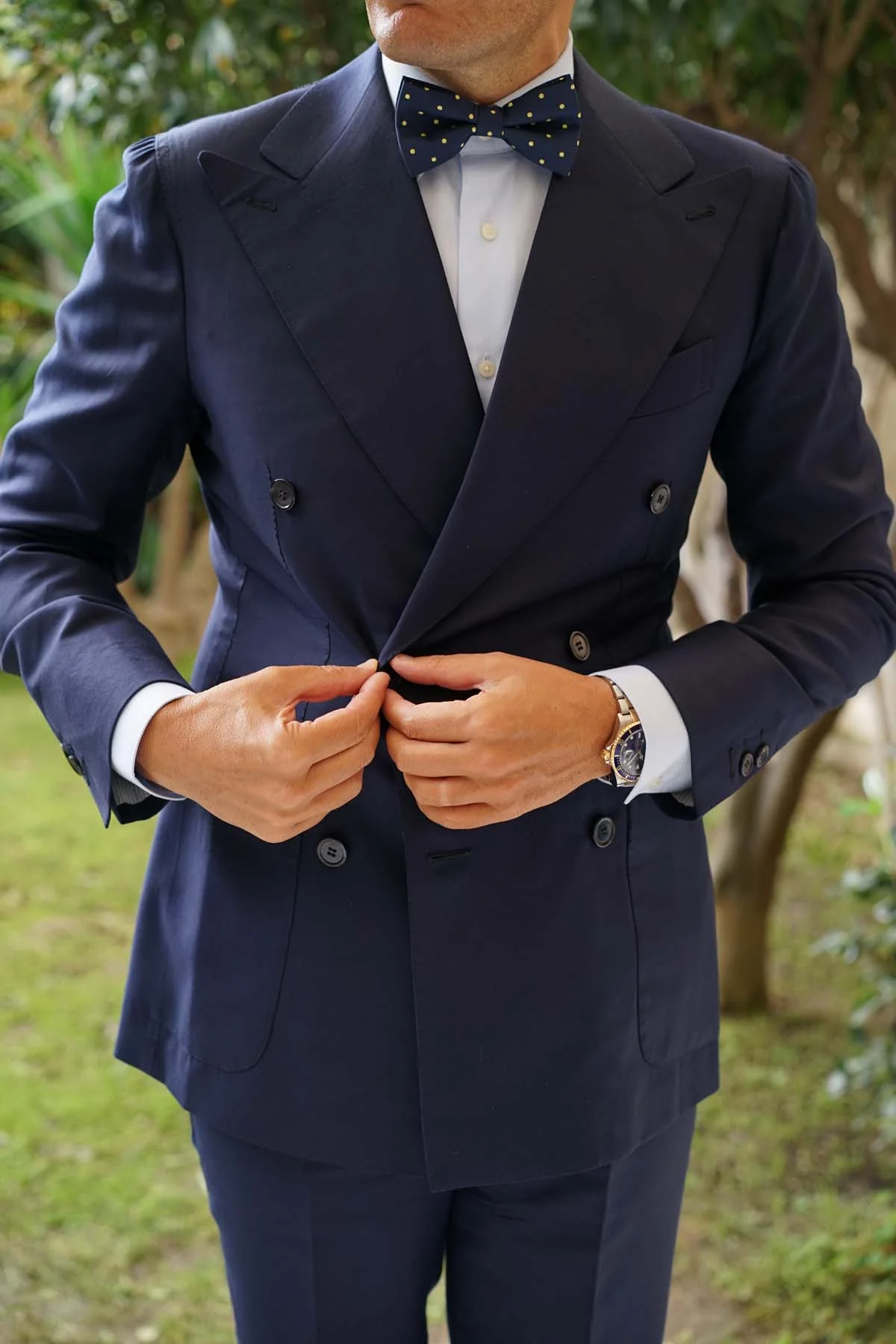 Navy Blue with Yellow Polka Dots Bow Tie - Image 7