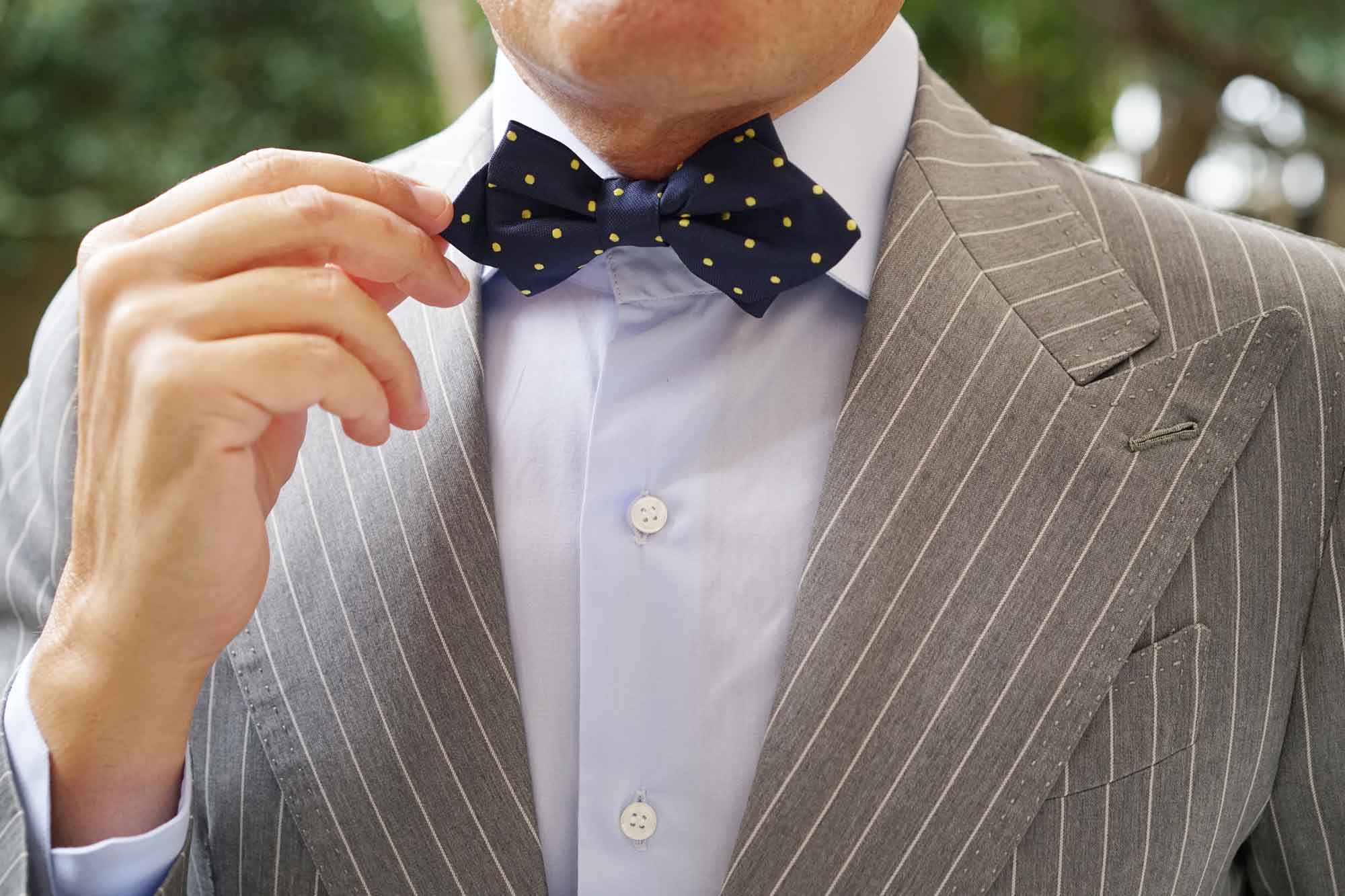 Navy Blue with Yellow Polka Dots Diamond Bow Tie - Image 10