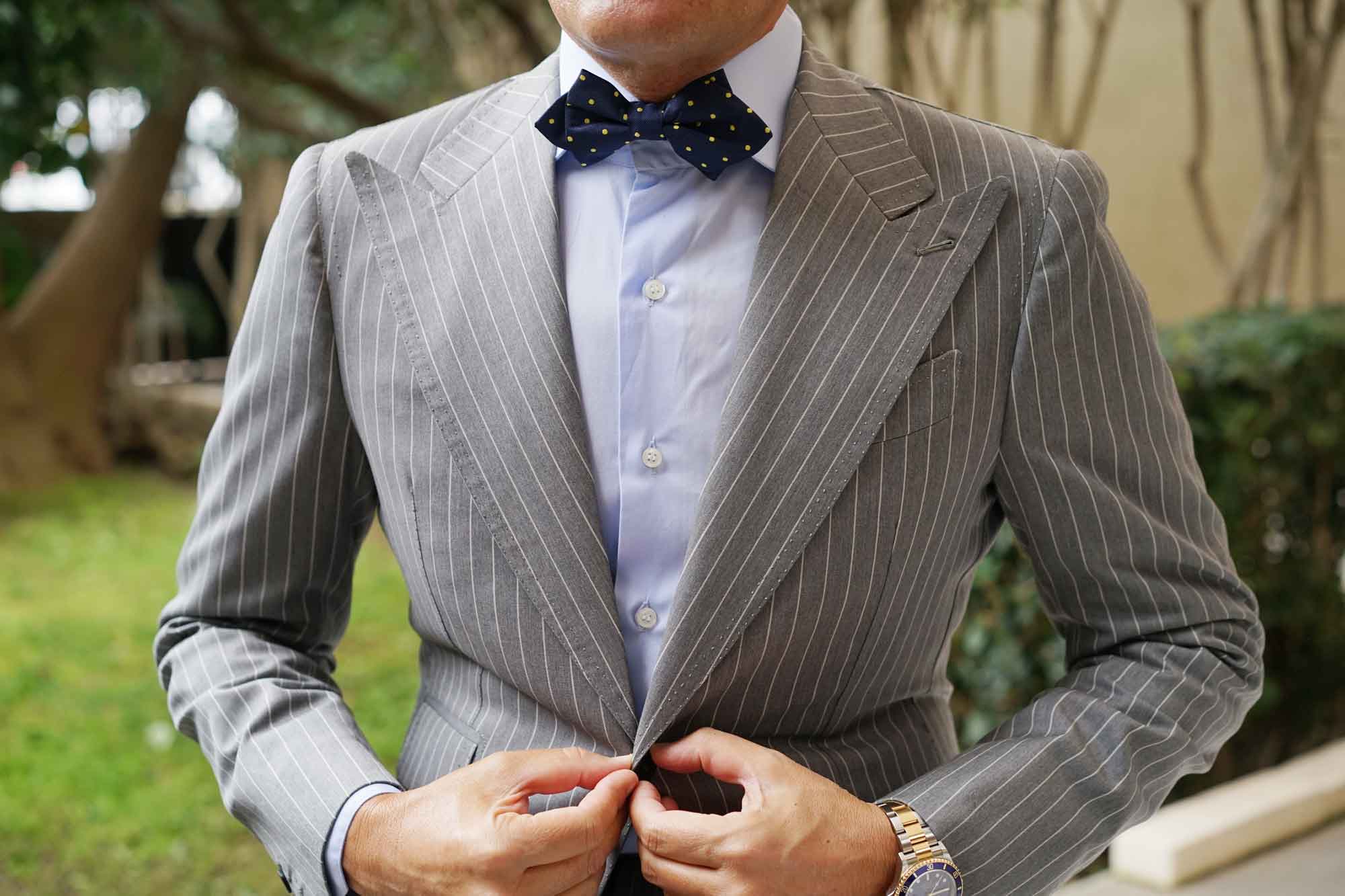 Navy Blue with Yellow Polka Dots Diamond Bow Tie - Image 3