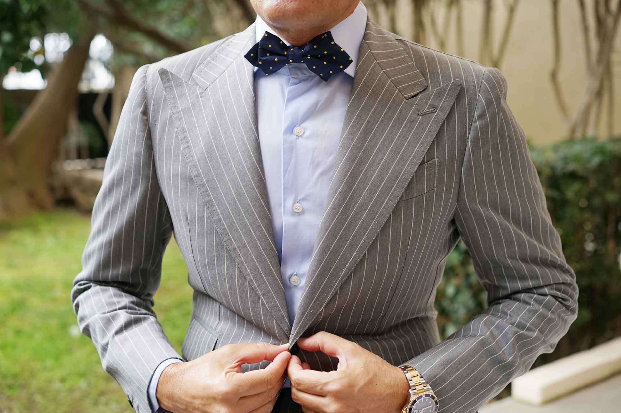 Navy Blue with Yellow Polka Dots Diamond Bow Tie - Image 6
