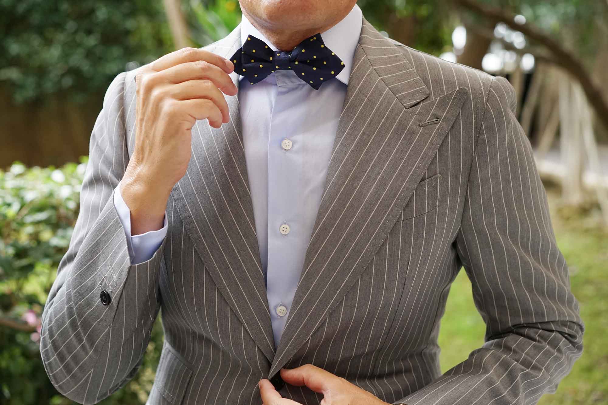 Navy Blue with Yellow Polka Dots Diamond Bow Tie - Image 7