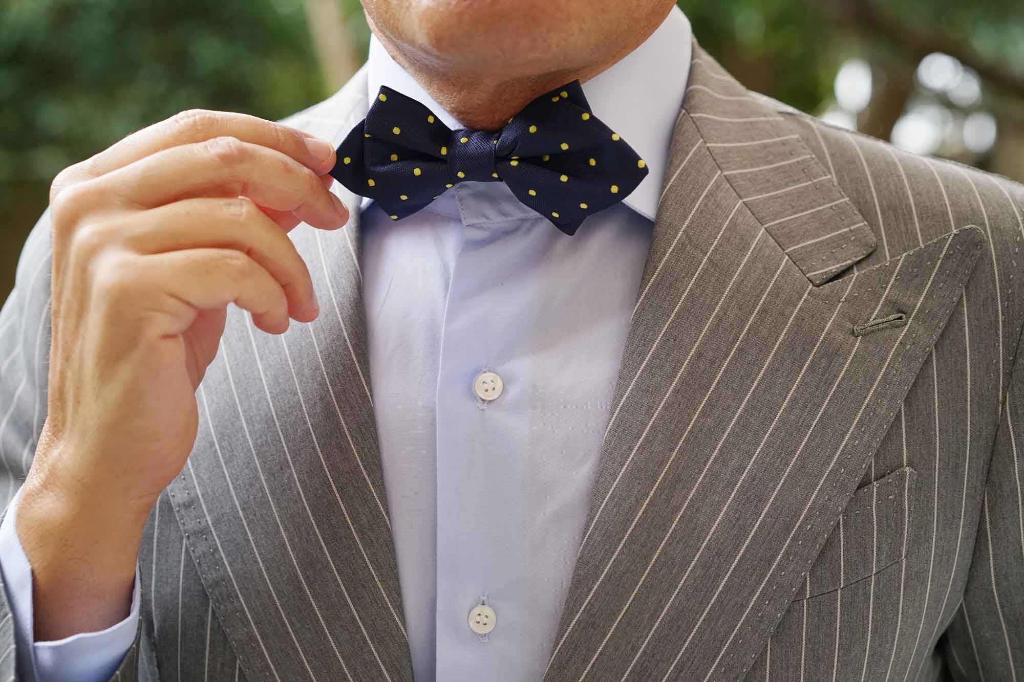 Navy Blue with Yellow Polka Dots Diamond Bow Tie - Image 9