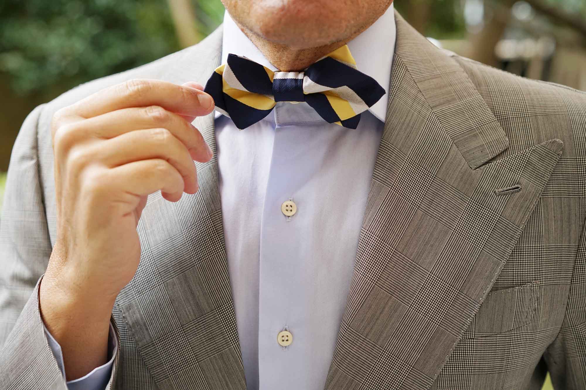 Navy Blue & Yellow Stripe Diamond Bow Tie - Image 6