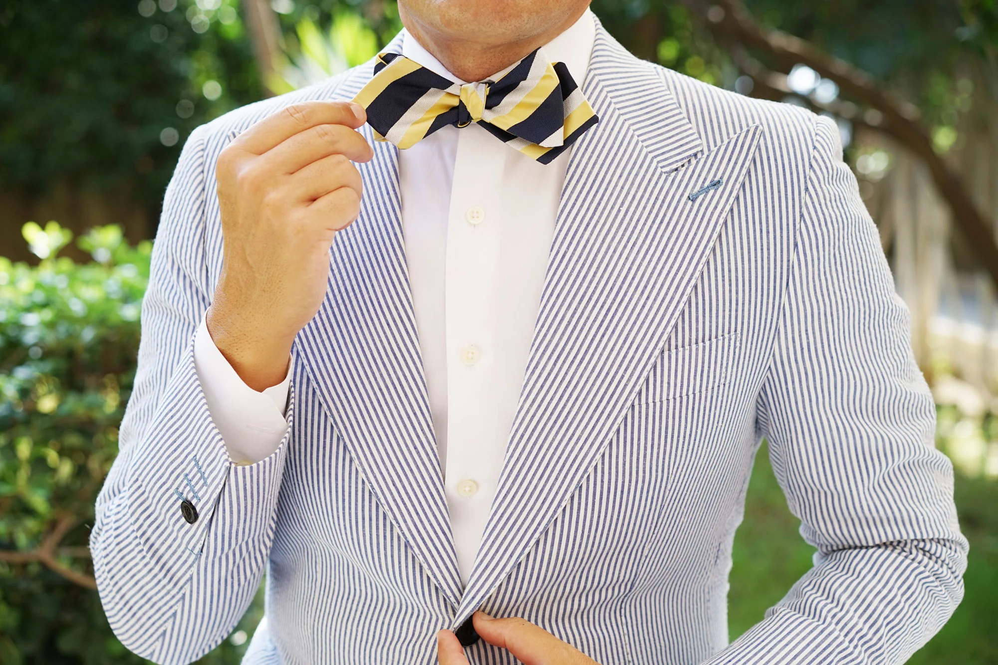 Navy Blue & Yellow Stripe Self Tie Diamond Tip Bow Tie - Image 8