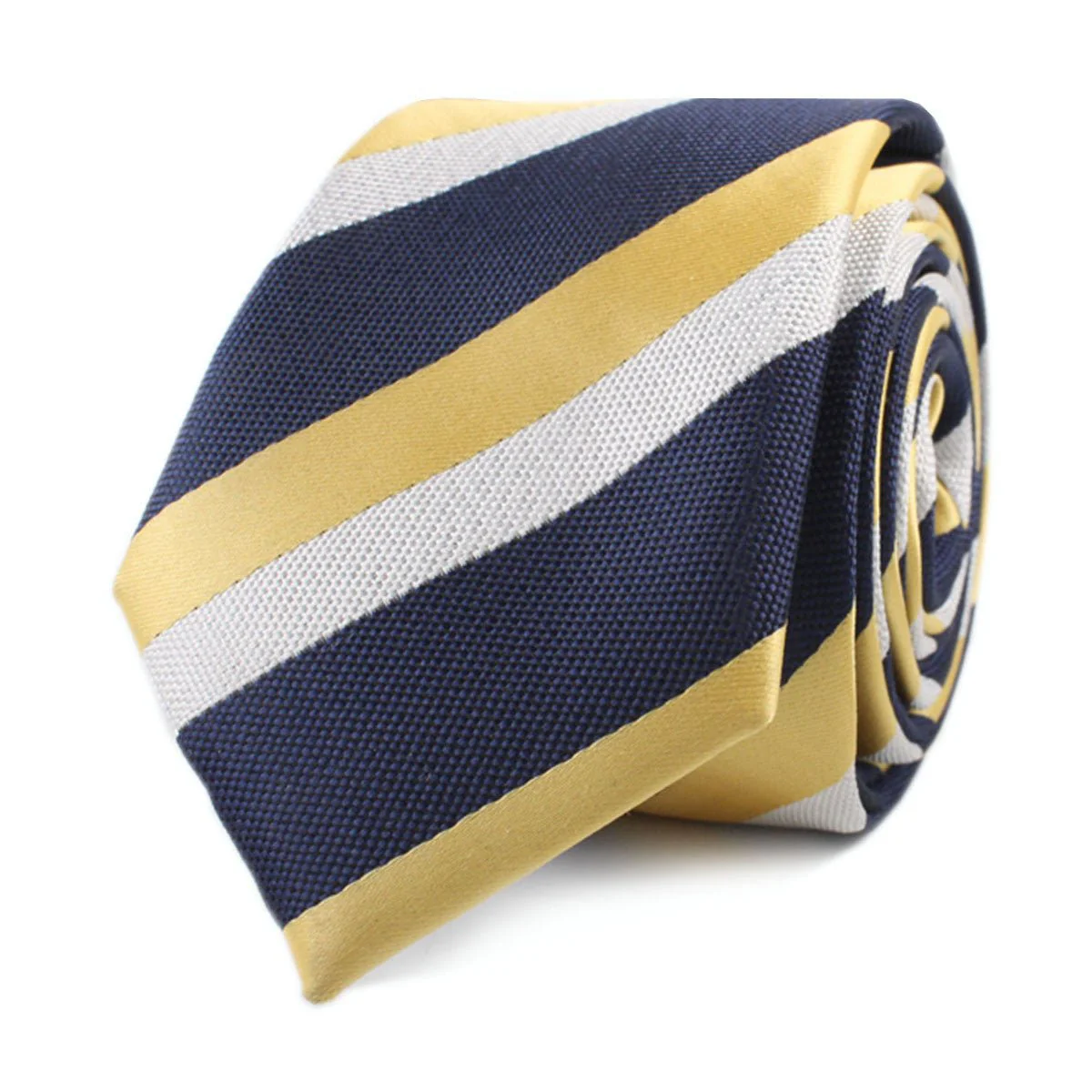 Navy Blue & Yellow Stripe Skinny Tie - Image 2