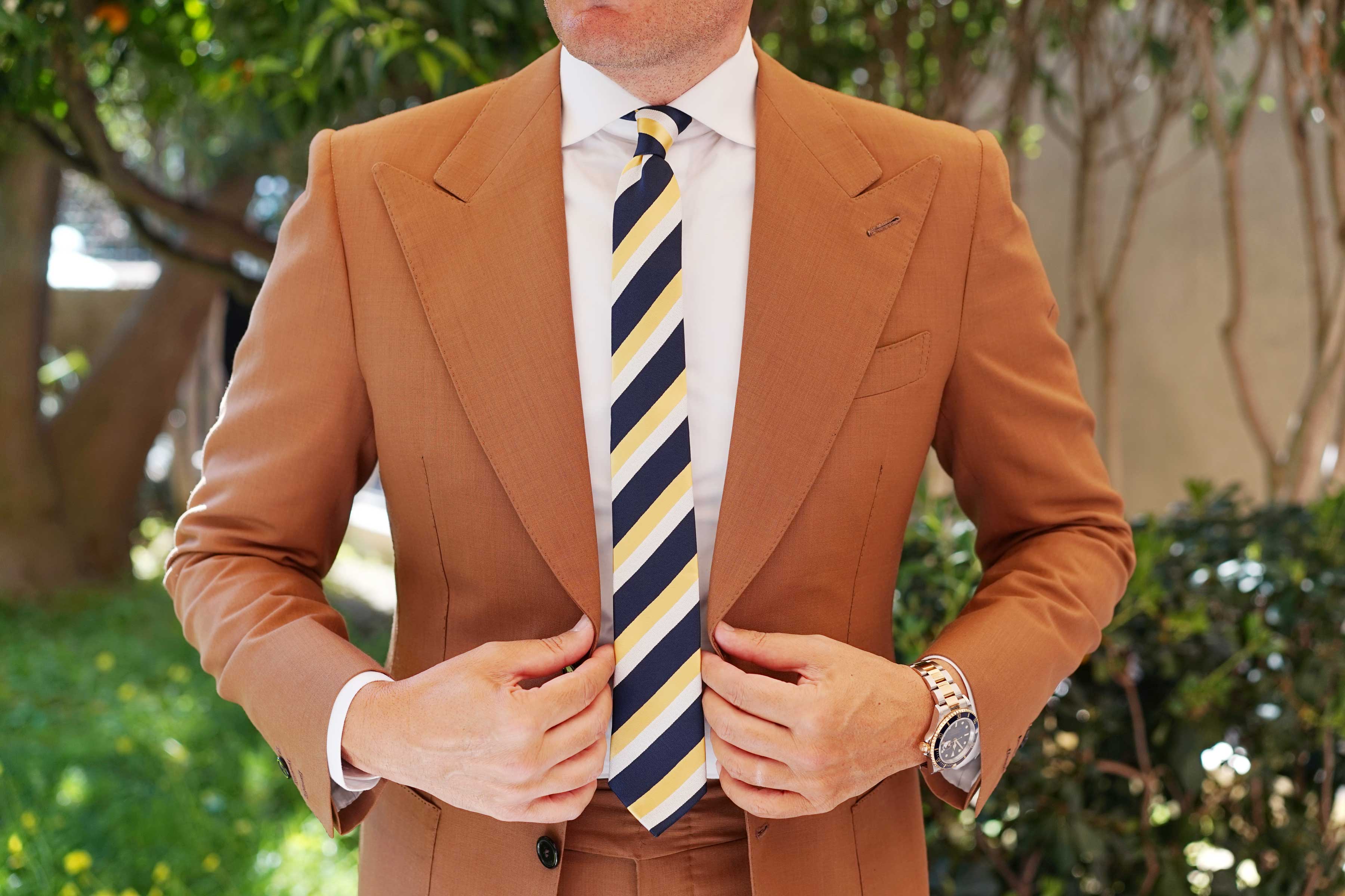 Navy Blue & Yellow Stripe Skinny Tie - Image 6