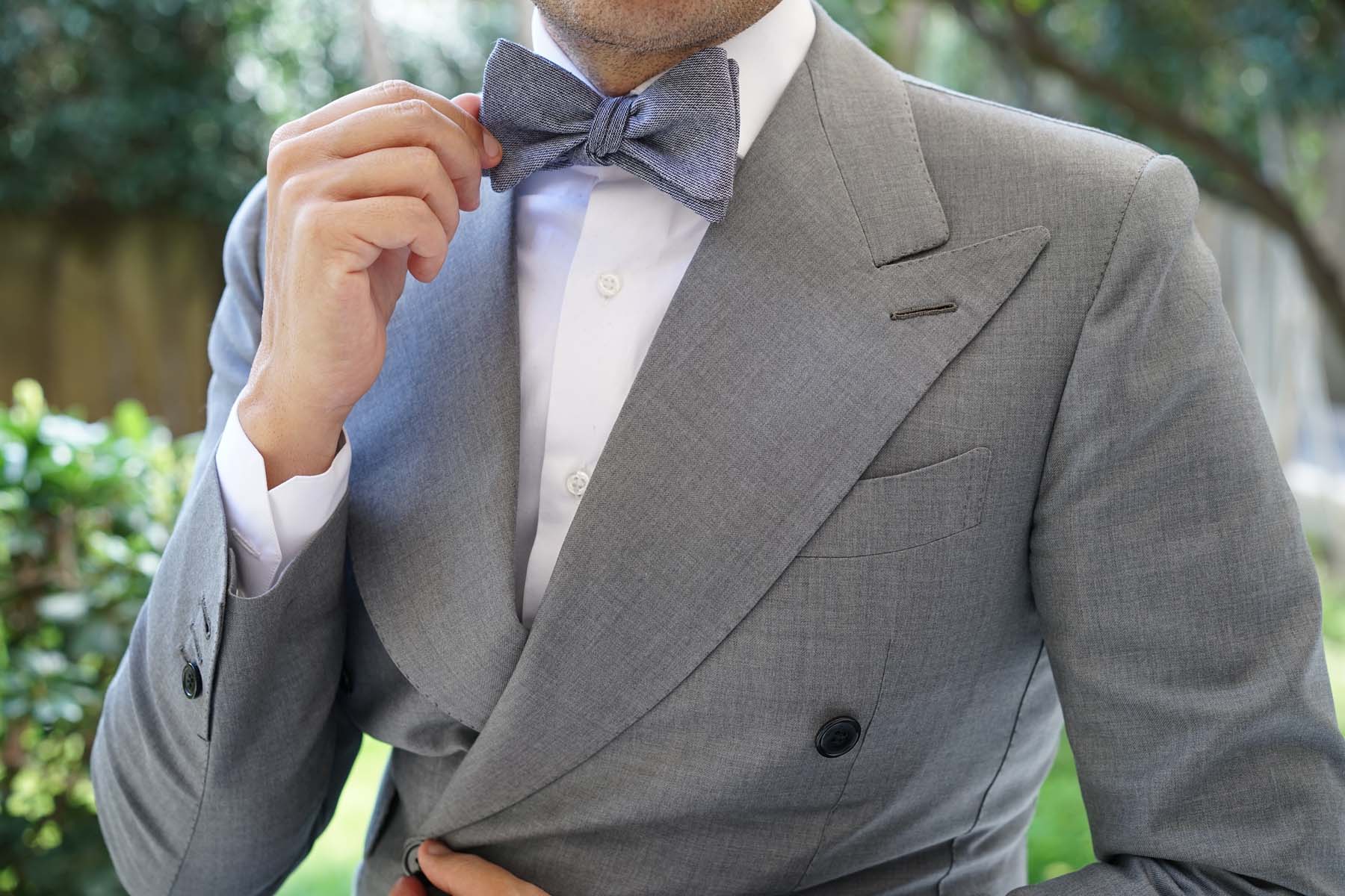 Navy Blue Zig Zag Linen Self Tie Bow Tie - Image 11