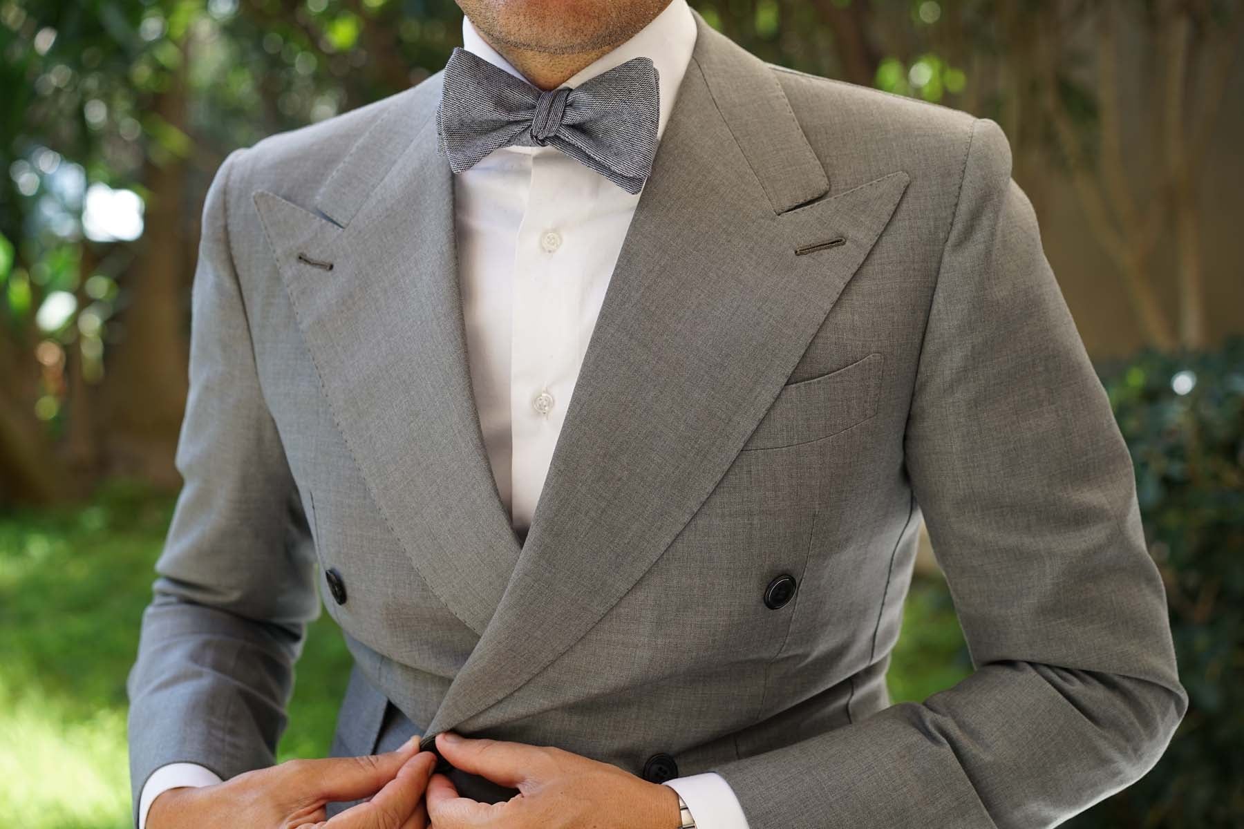 Navy Blue Zig Zag Linen Self Tie Bow Tie - Image 6