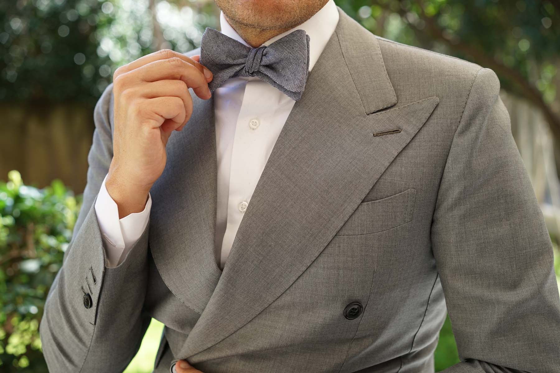 Navy Blue Zig Zag Linen Self Tie Bow Tie - Image 8