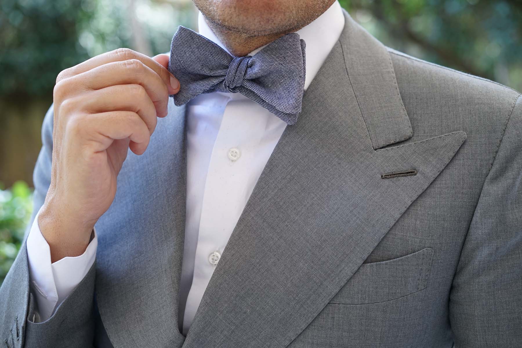 Navy Blue Zig Zag Linen Self Tie Bow Tie - Image 9