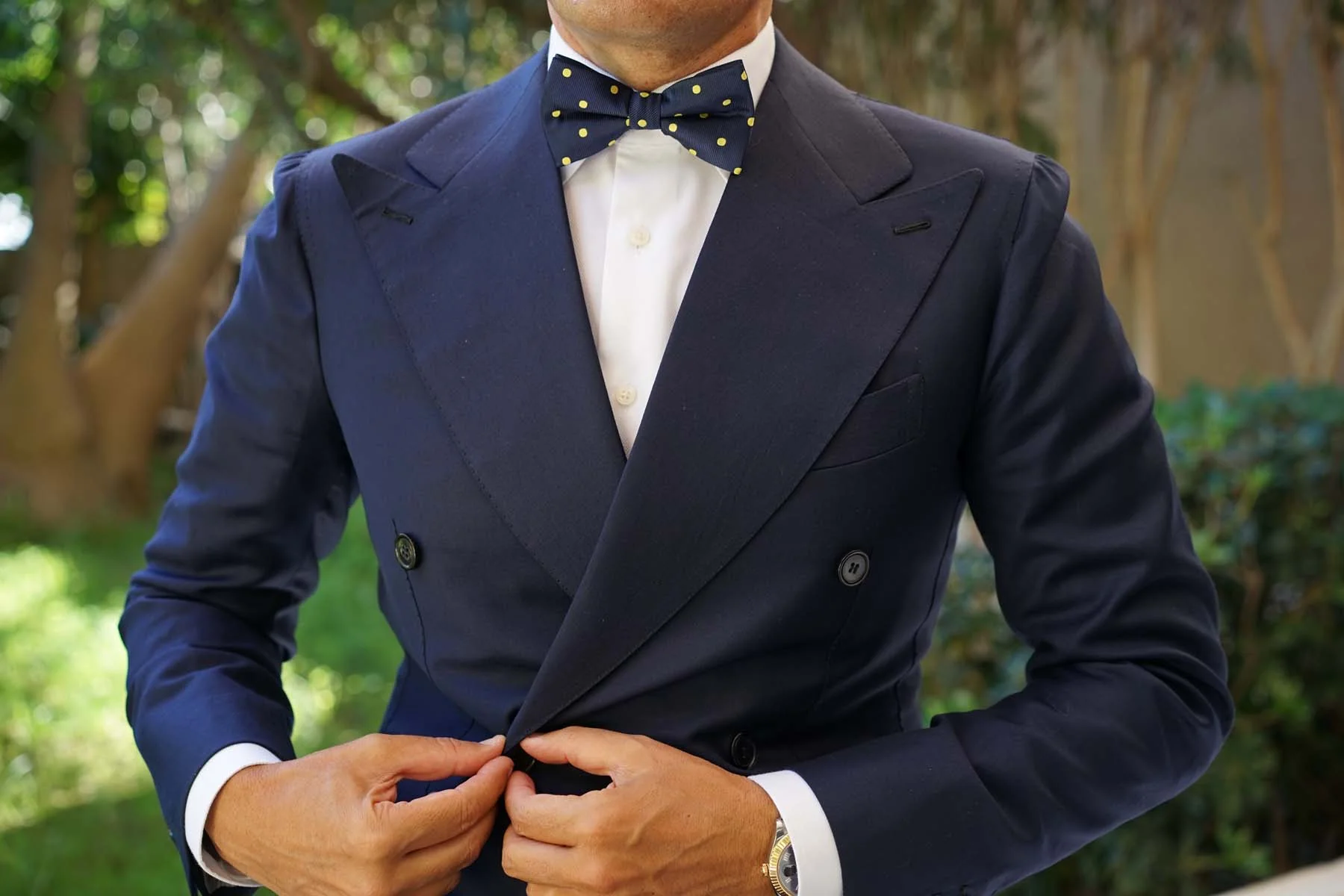 Navy on Large Yellow Dots Bow Tie - Image 6