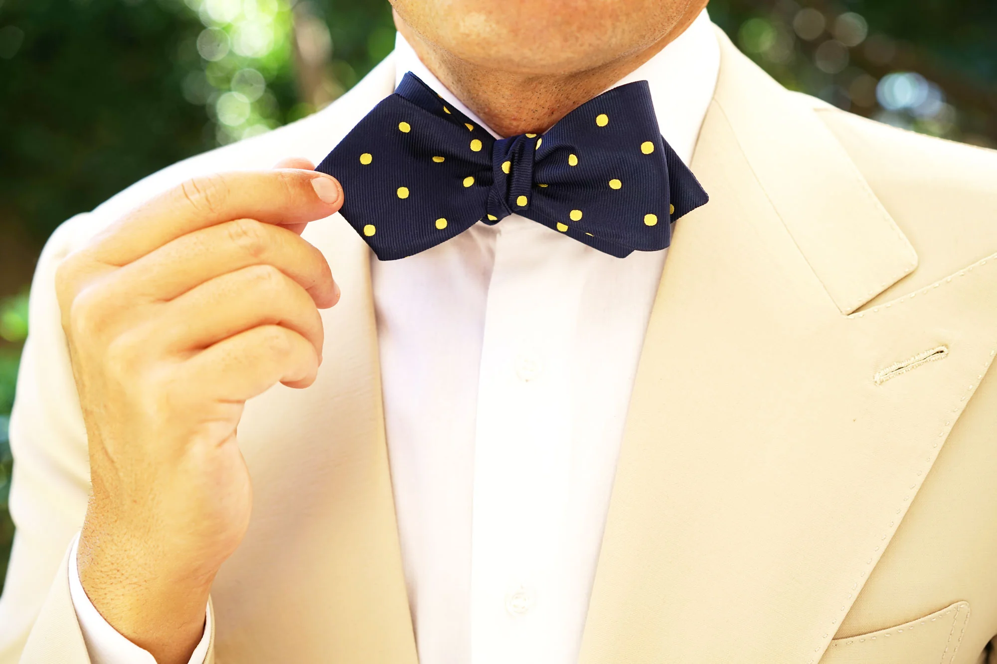 Navy on Large Yellow Dots Diamond Self Bow Tie - Image 10
