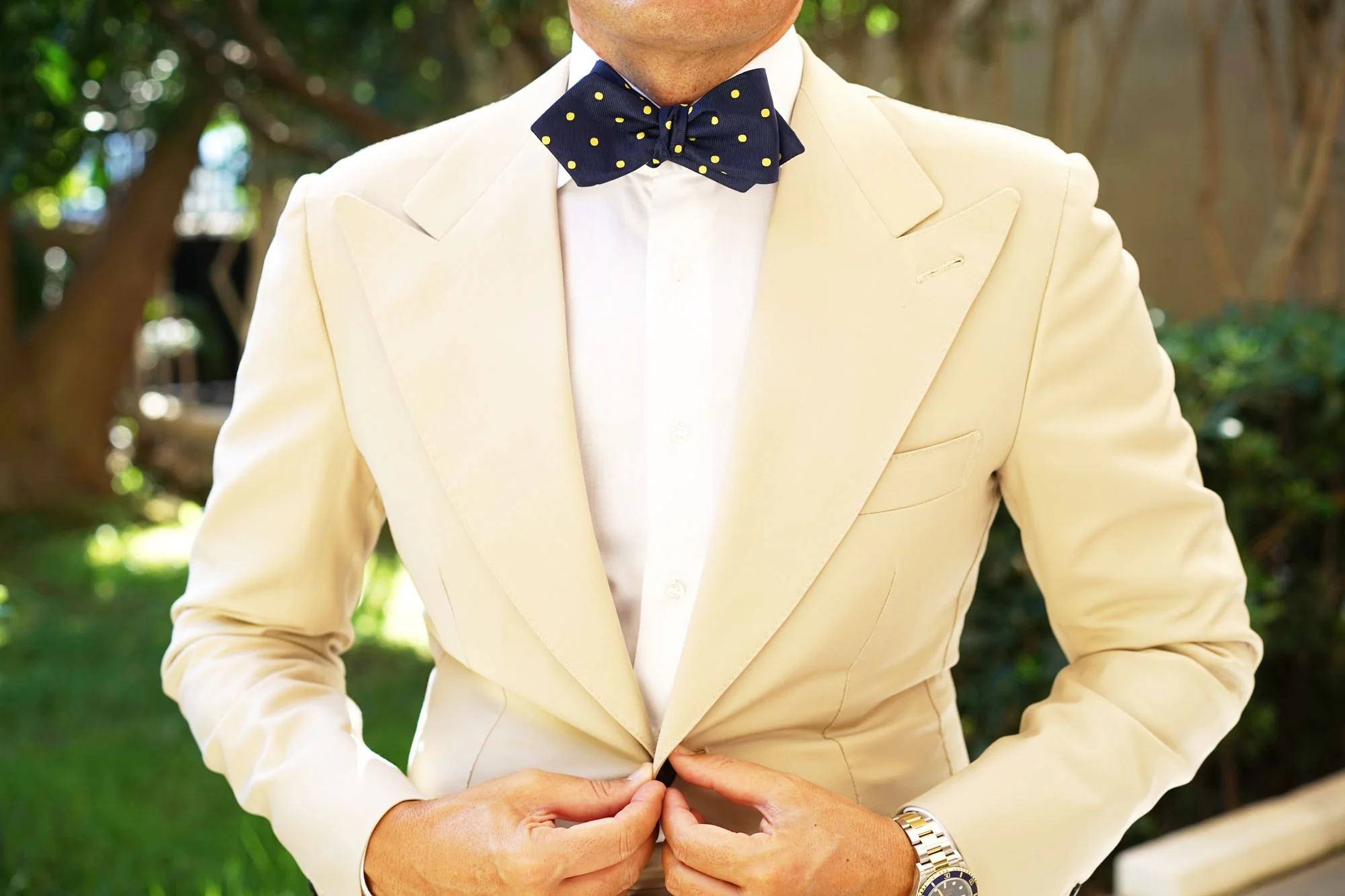 Navy on Large Yellow Dots Diamond Self Bow Tie - Image 4