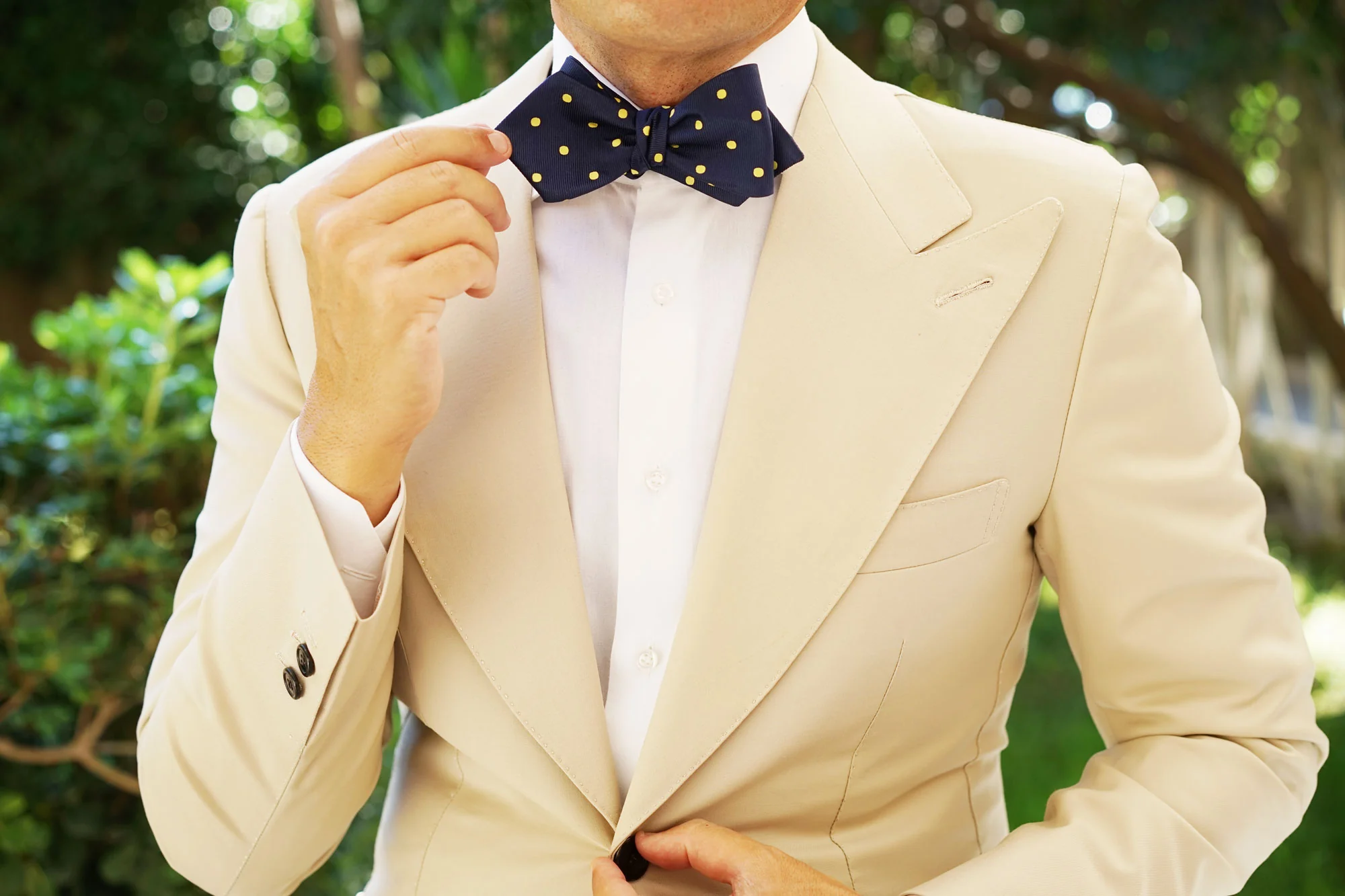 Navy on Large Yellow Dots Diamond Self Bow Tie - Image 7