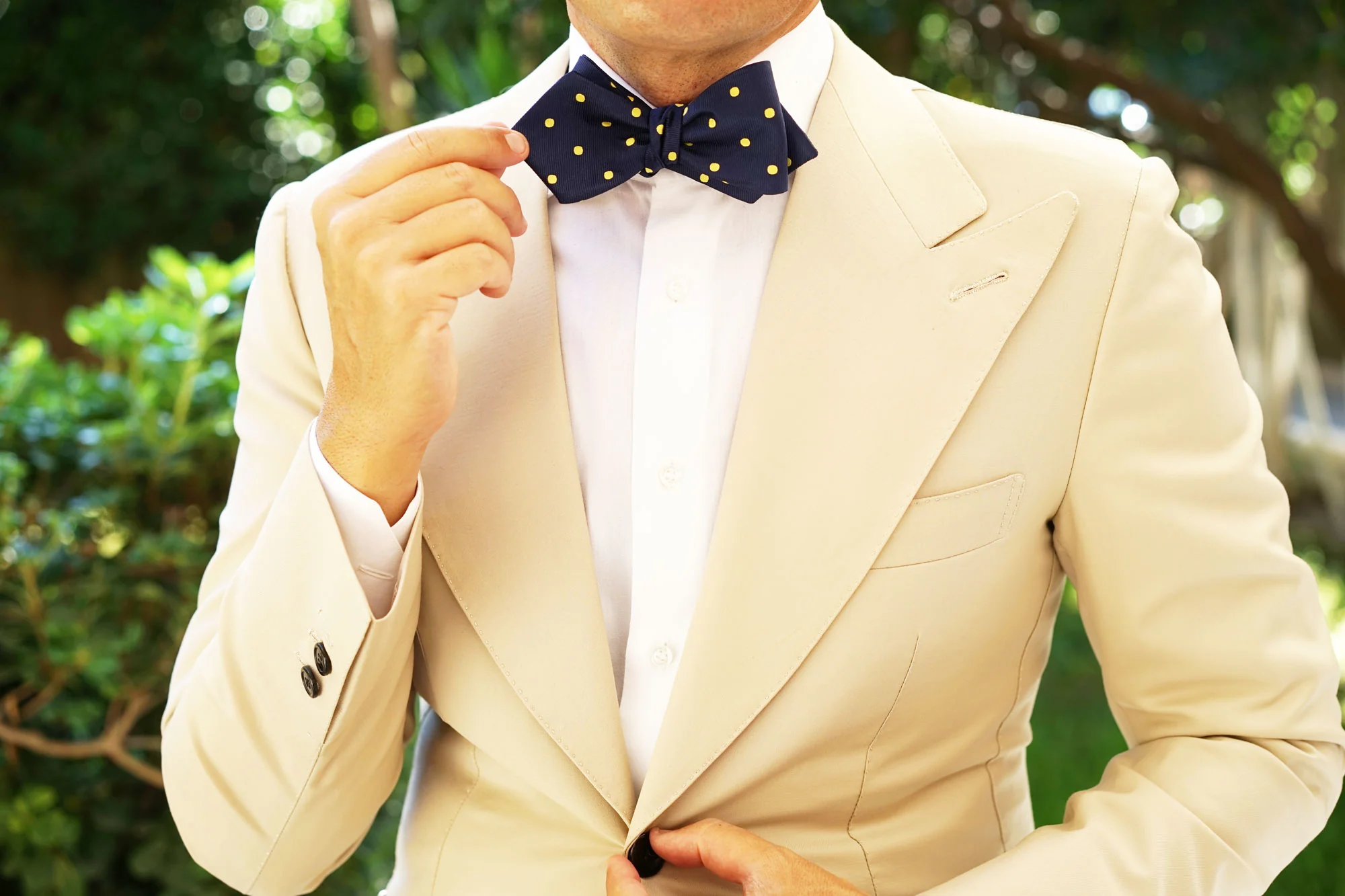 Navy on Large Yellow Dots Diamond Self Bow Tie - Image 8