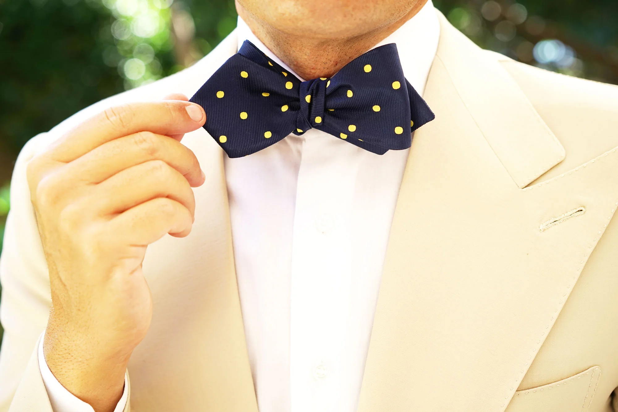 Navy on Large Yellow Dots Diamond Self Bow Tie - Image 9