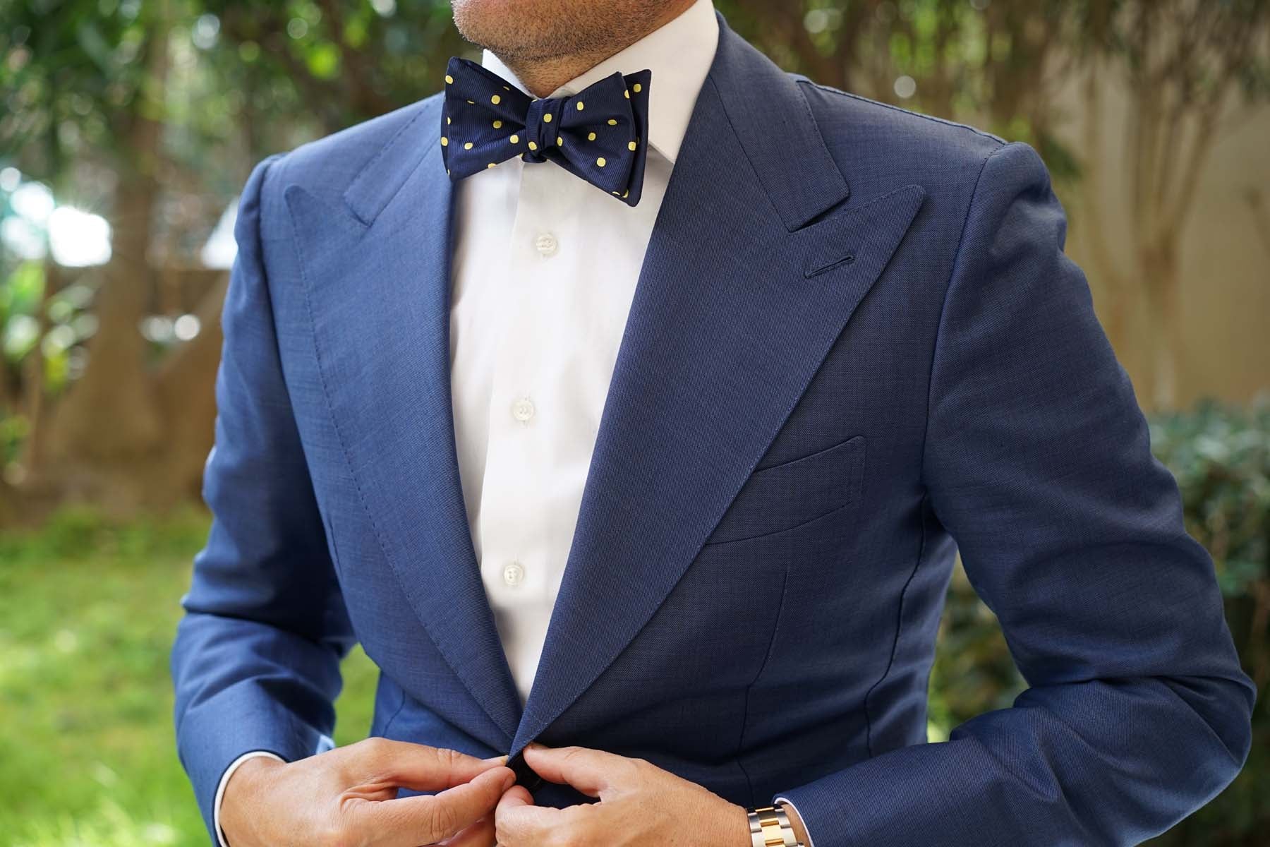 Navy on Large Yellow Dots Self Bow Tie - Image 4