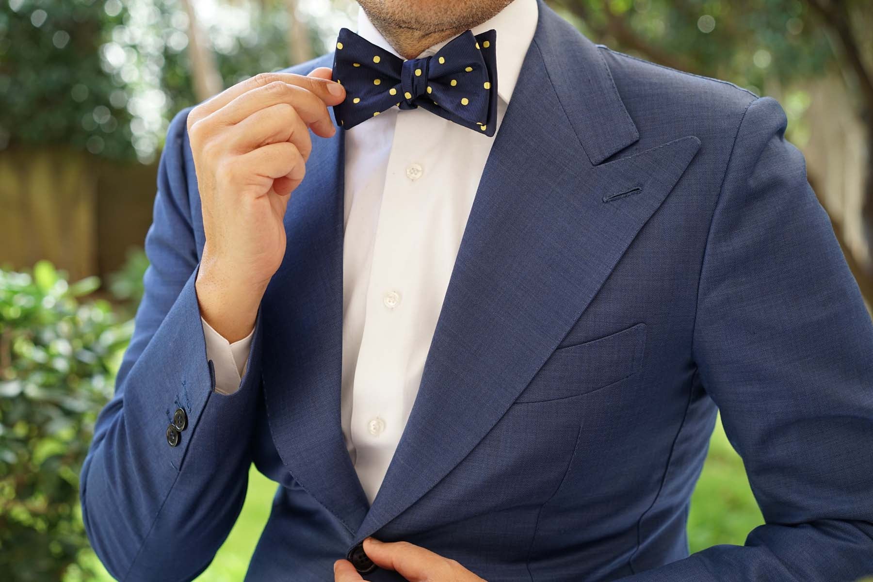 Navy on Large Yellow Dots Self Bow Tie - Image 6