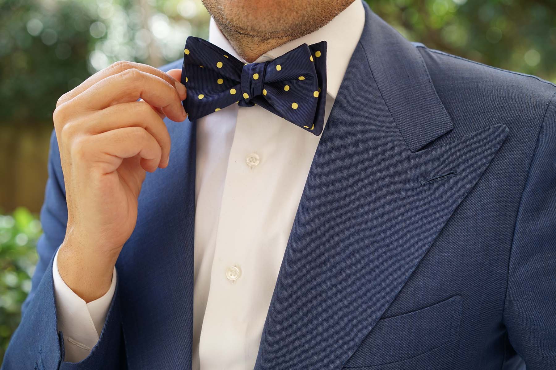 Navy on Large Yellow Dots Self Bow Tie - Image 8