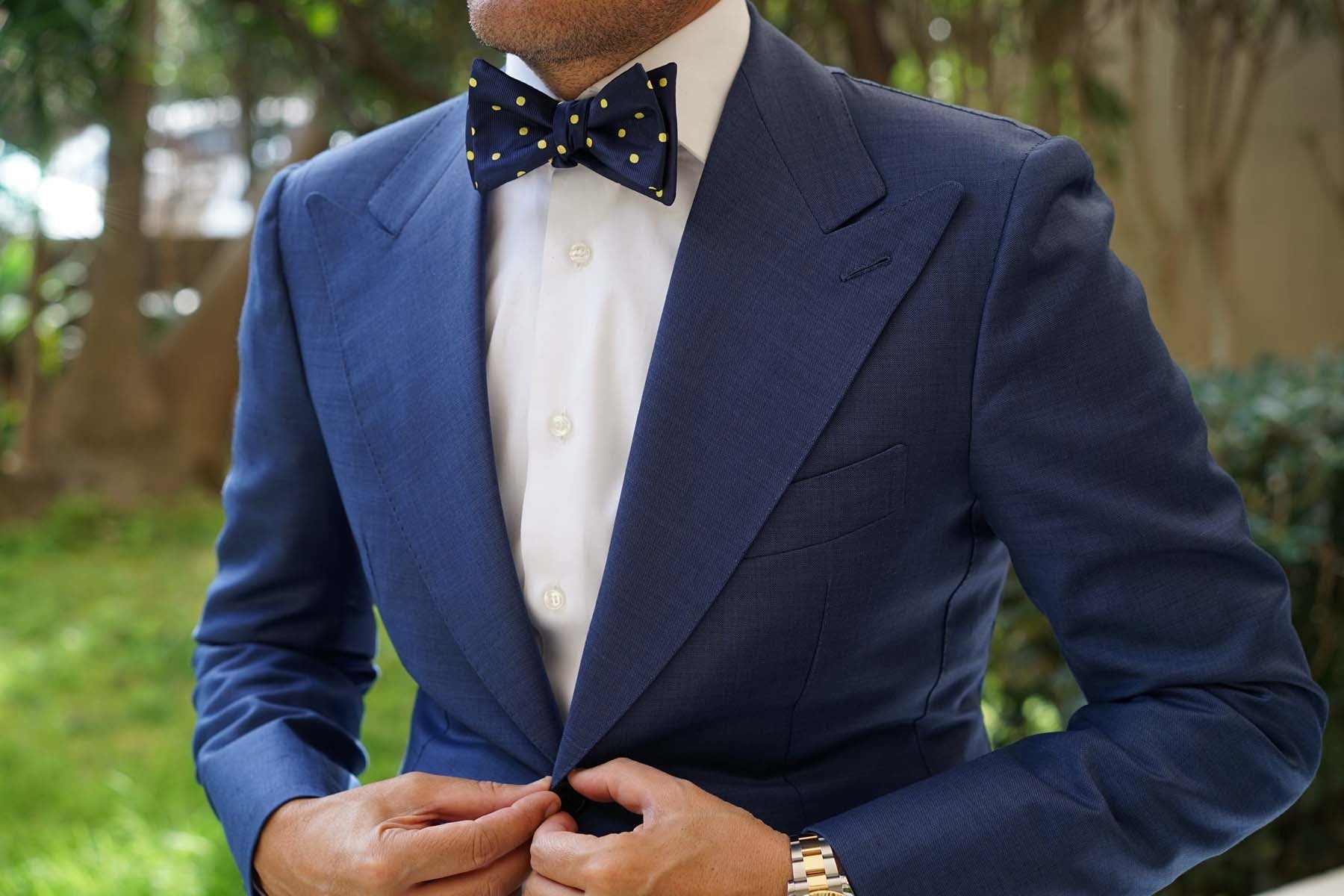 Navy on Large Yellow Dots Self Bow Tie - Image 9
