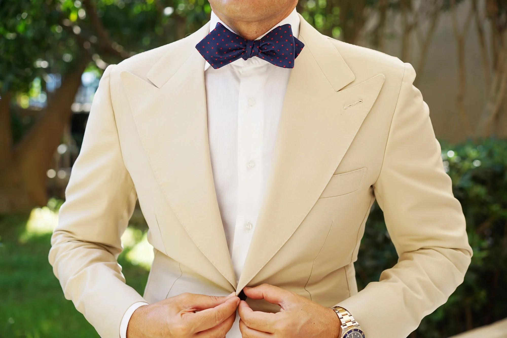 Navy on Red Mini Pin Dots Diamond Self Bow Tie - Image 4