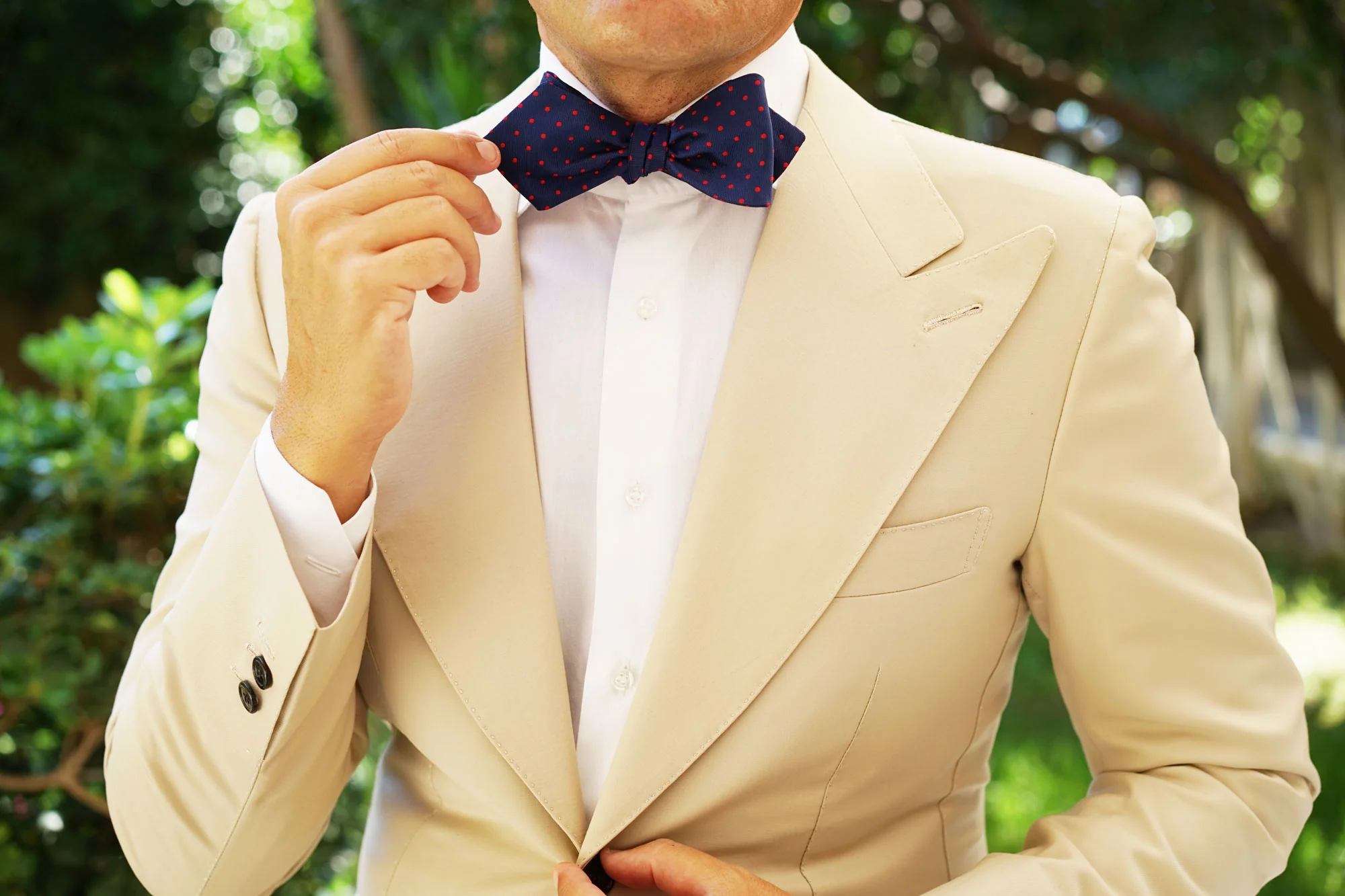 Navy on Red Mini Pin Dots Diamond Self Bow Tie - Image 7