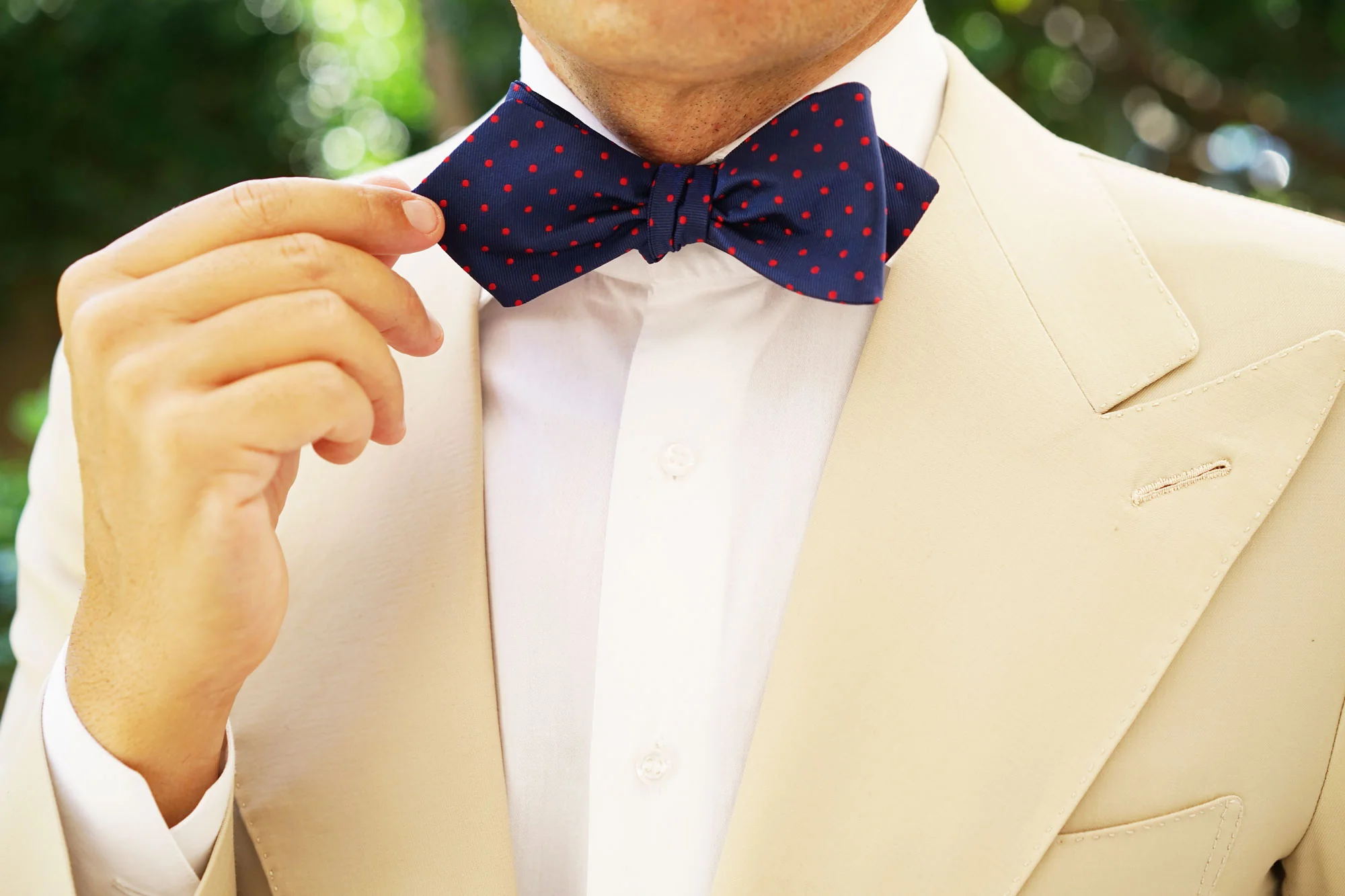 Navy on Red Mini Pin Dots Diamond Self Bow Tie - Image 9