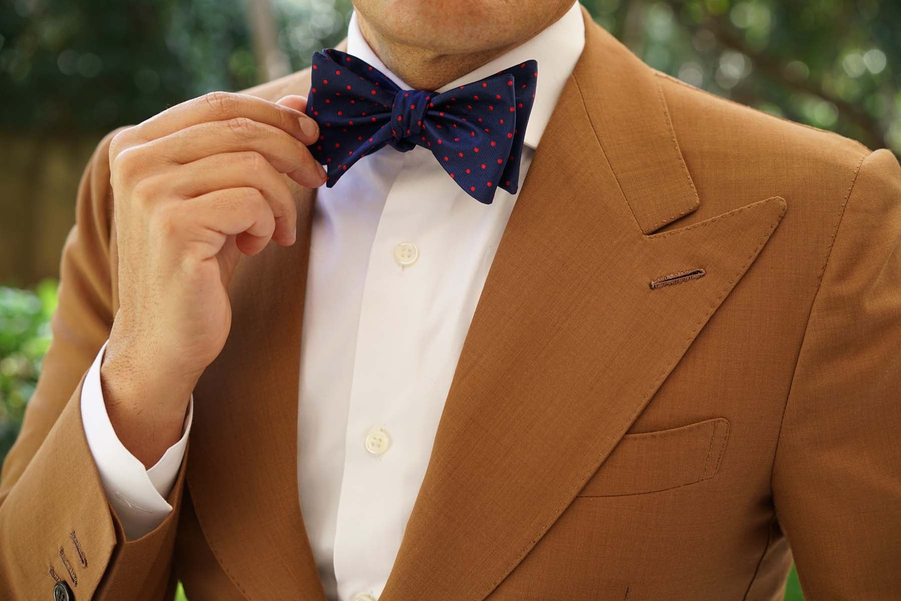 Navy on Red Mini Pin Dots Self Bow Tie - Image 4