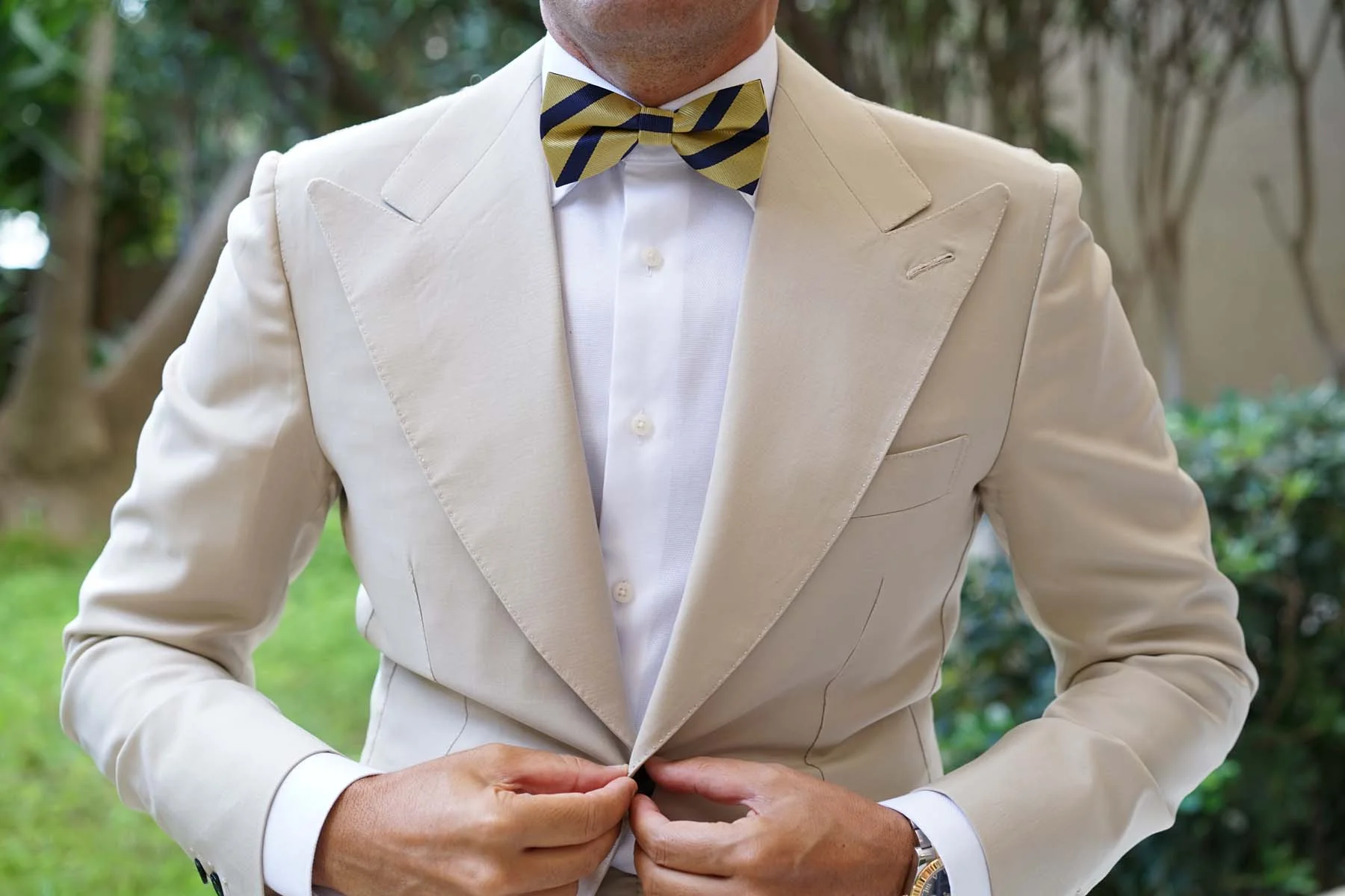 Navy Stripe Yellow Twill Bow Tie - Image 5