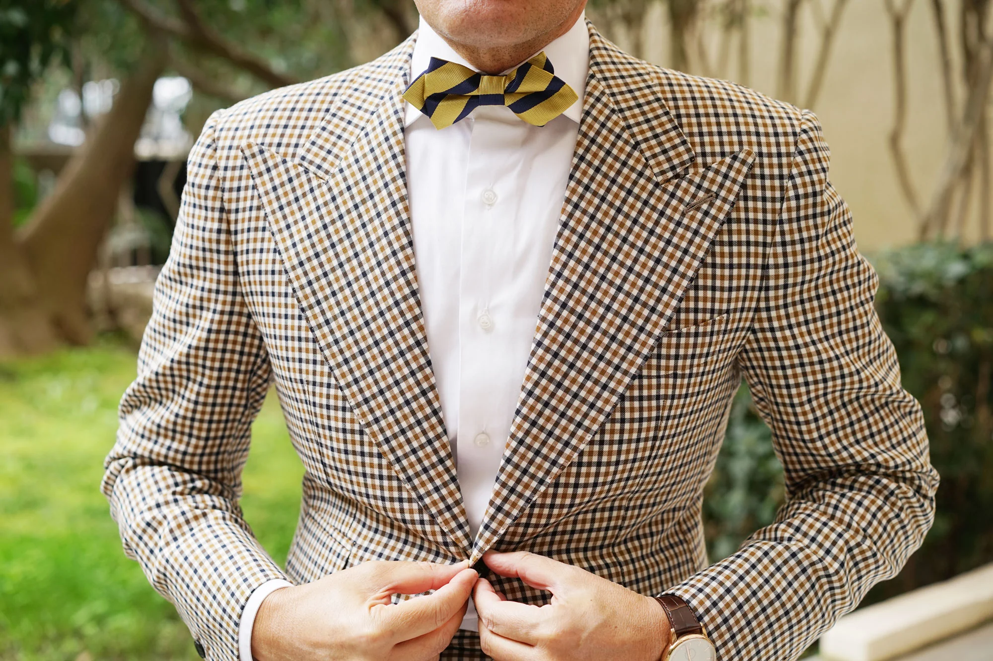 Navy Stripe Yellow Twill Diamond Bow Tie - Image 3