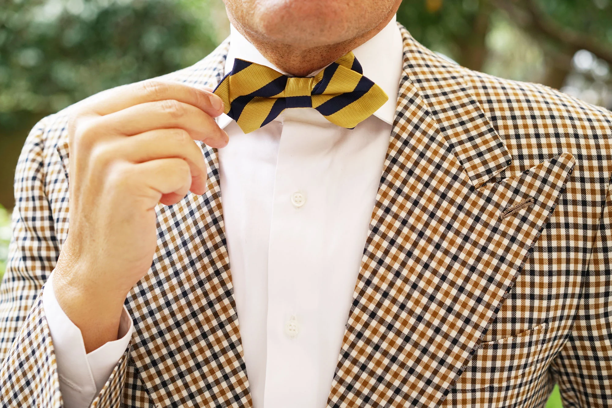 Navy Stripe Yellow Twill Diamond Bow Tie - Image 8