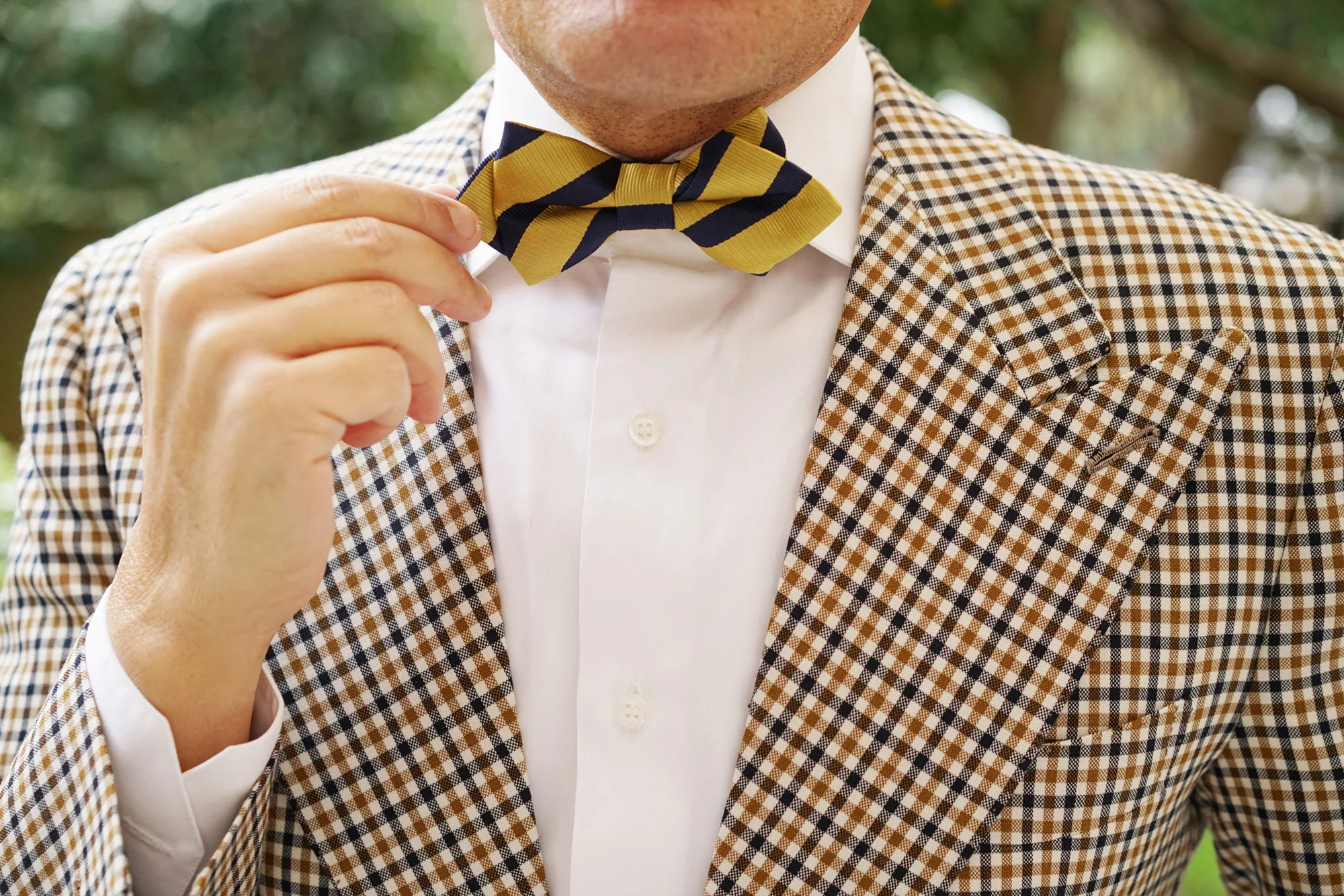 Navy Stripe Yellow Twill Diamond Bow Tie - Image 9