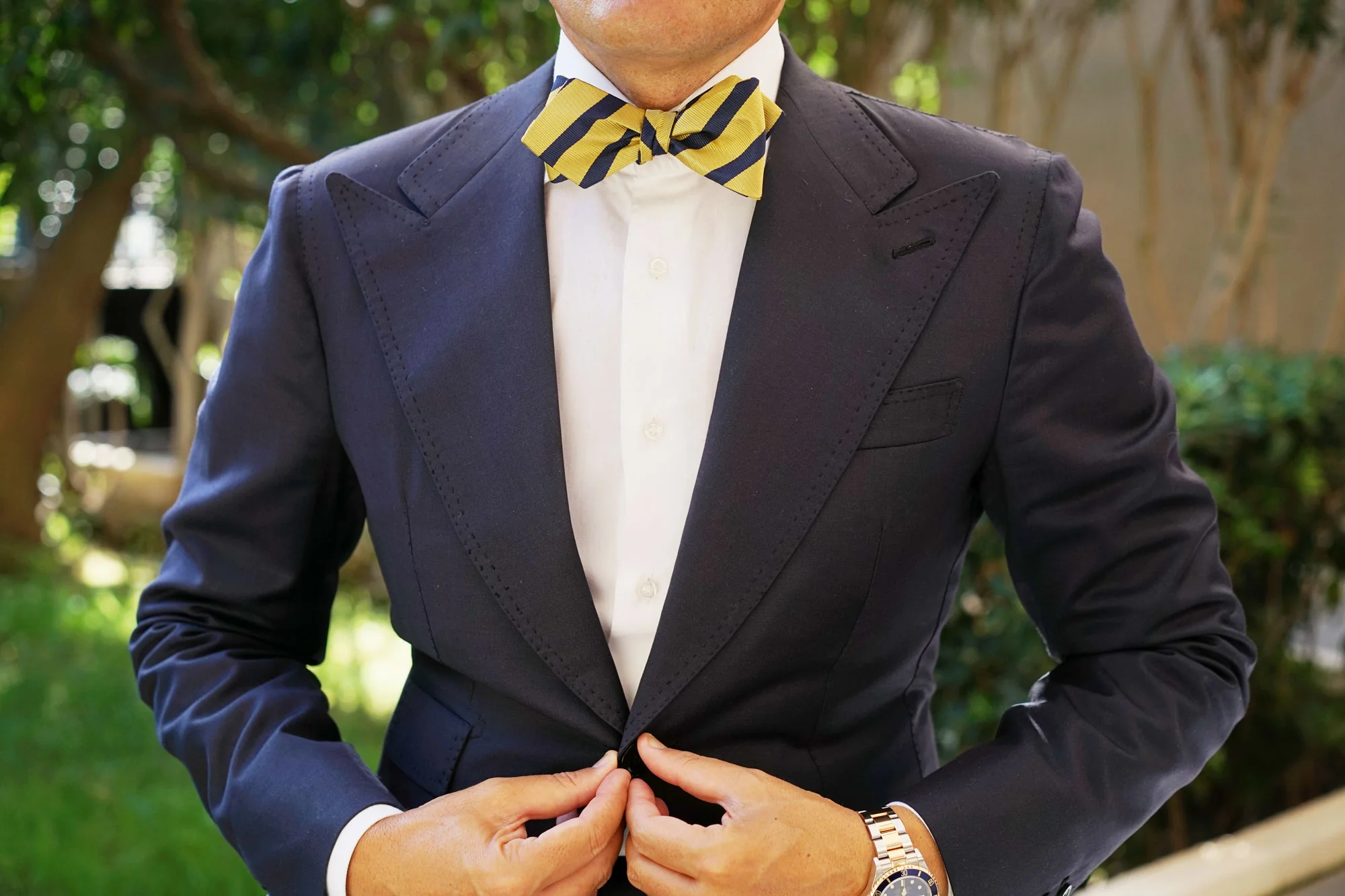 Navy Stripe Yellow Twill Diamond Self Bow Tie - Image 4
