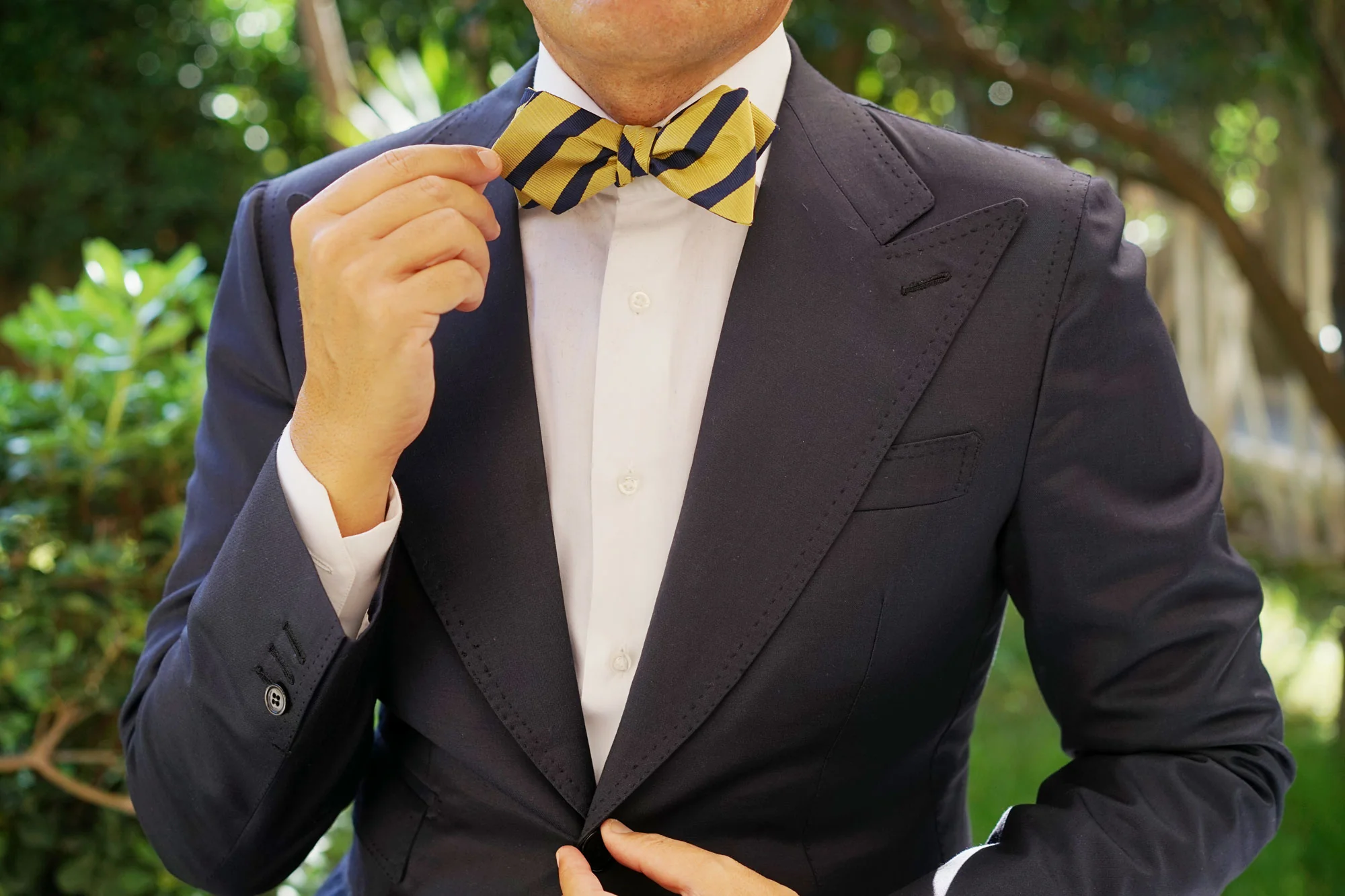Navy Stripe Yellow Twill Diamond Self Bow Tie - Image 6