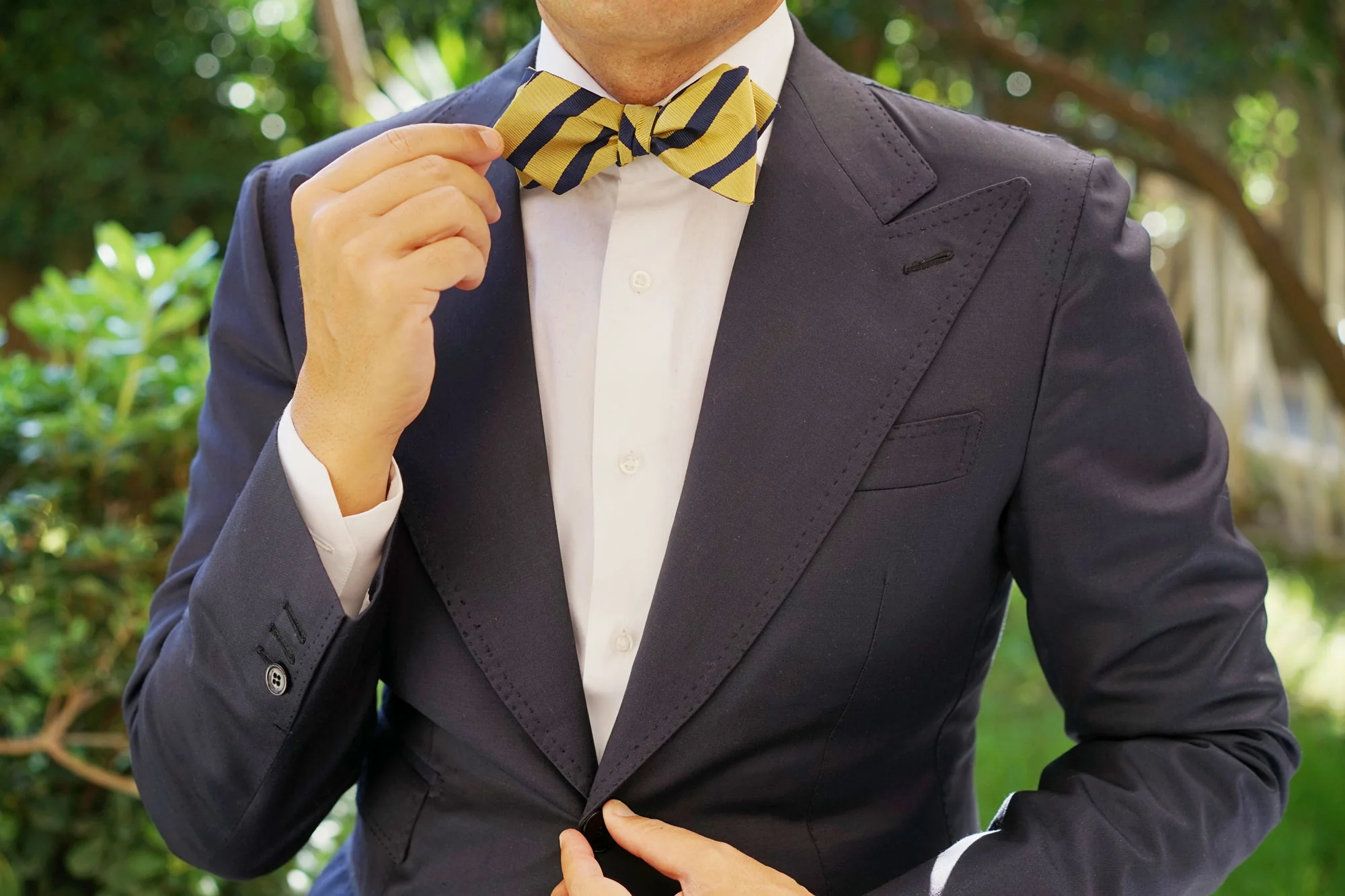 Navy Stripe Yellow Twill Diamond Self Bow Tie - Image 7