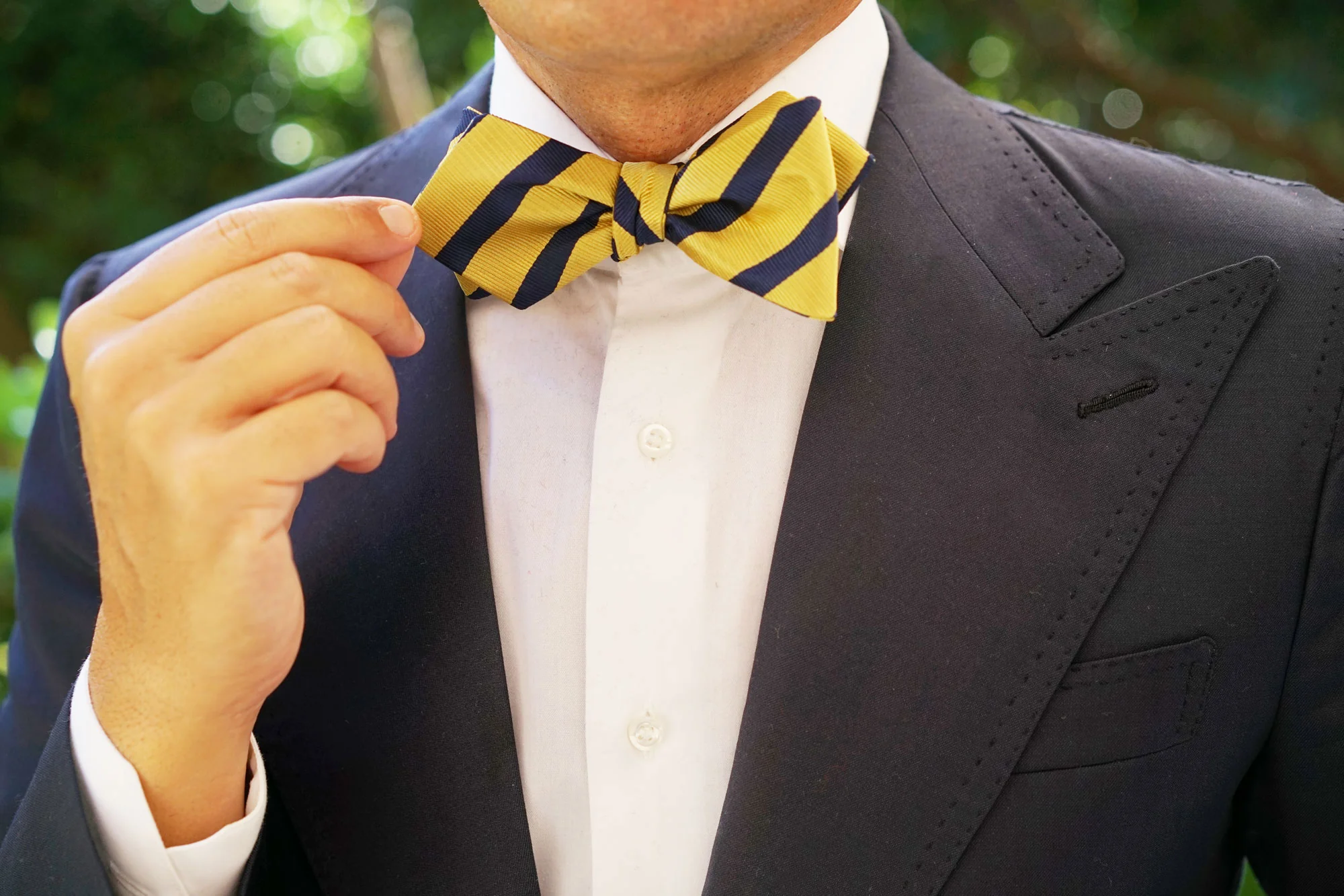 Navy Stripe Yellow Twill Diamond Self Bow Tie - Image 8