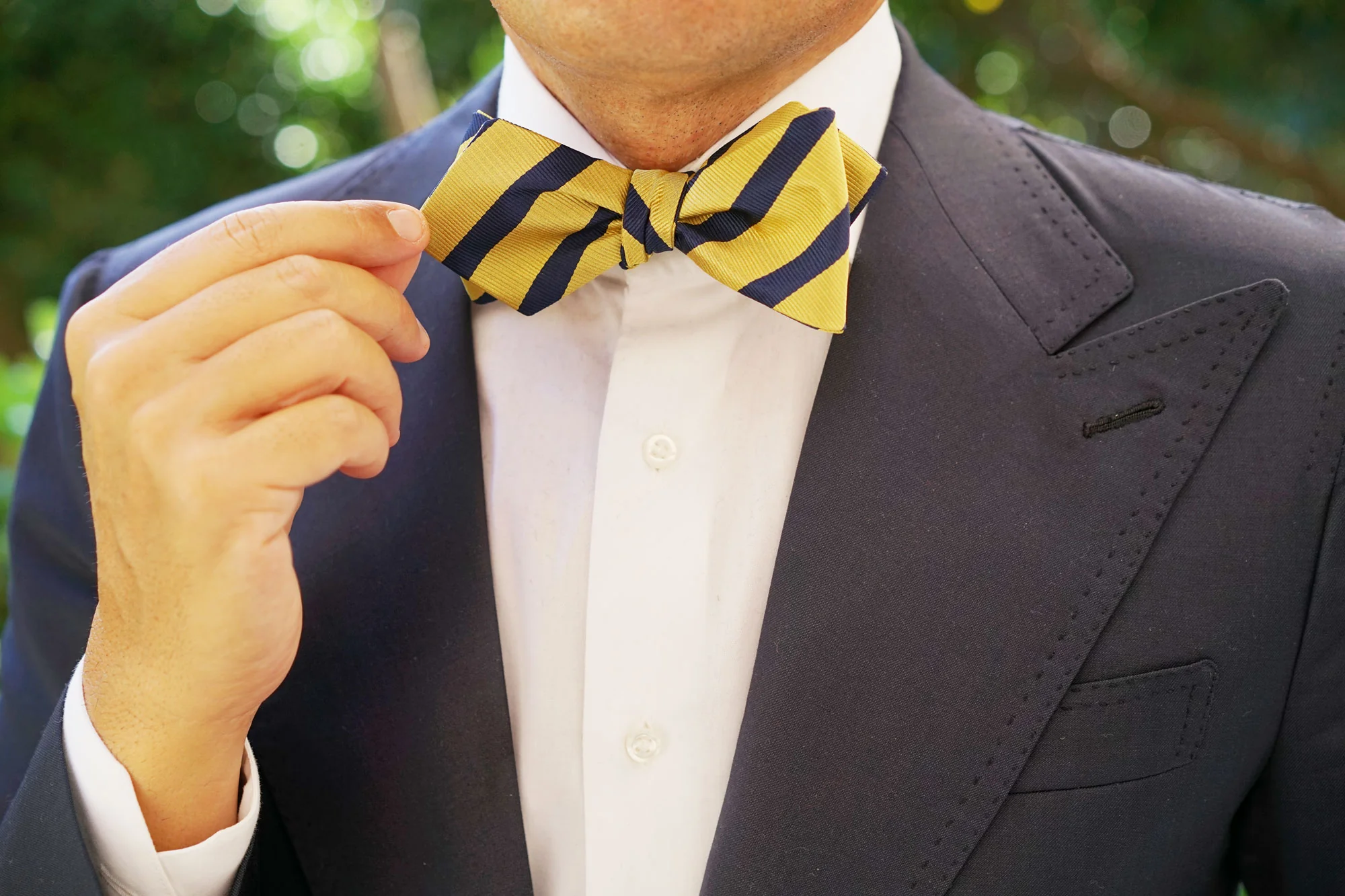 Navy Stripe Yellow Twill Diamond Self Bow Tie - Image 9