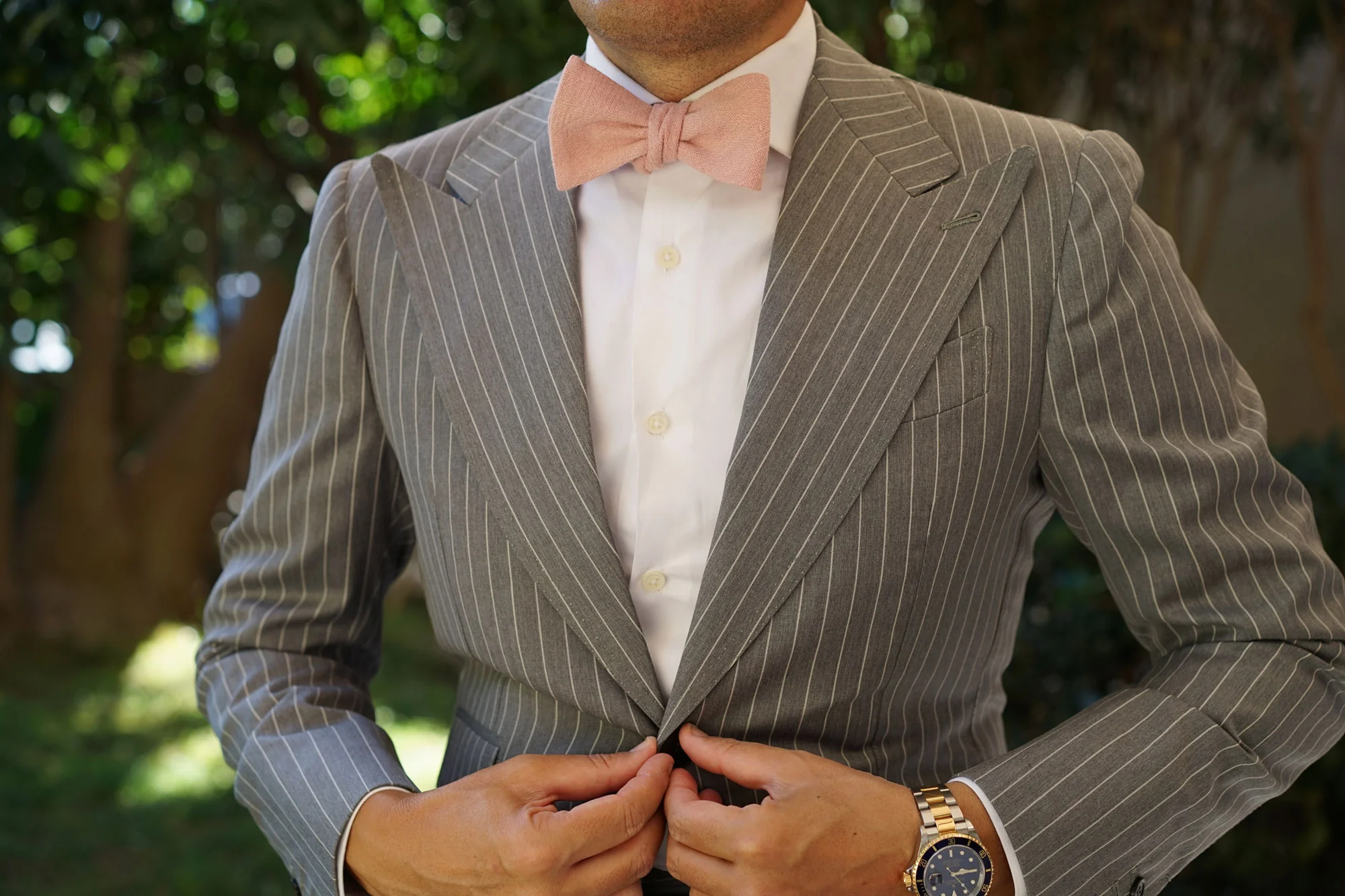 New York Dusty Nude Pink Linen Self Bow Tie - Image 4