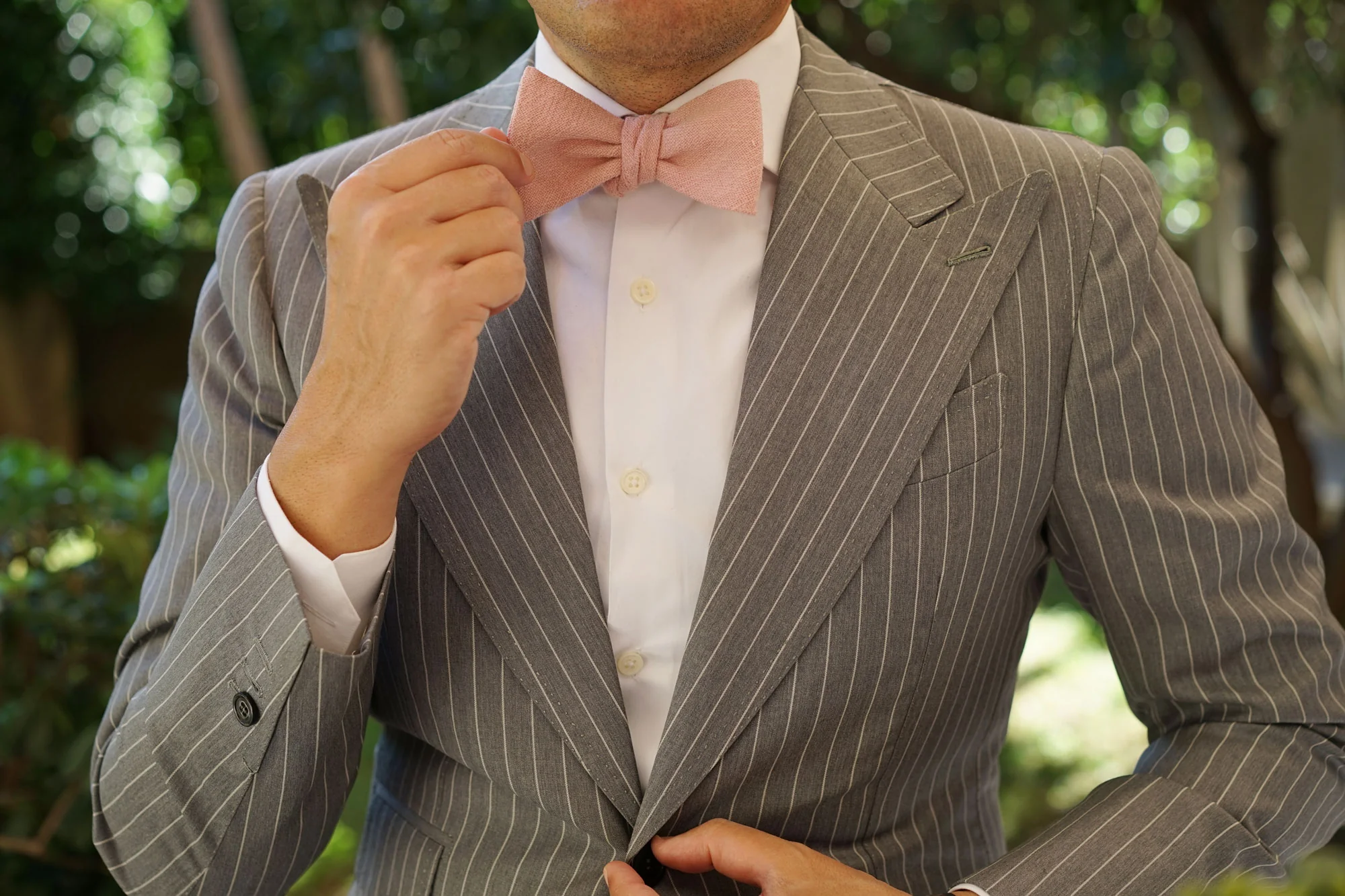 New York Dusty Nude Pink Linen Self Bow Tie - Image 8
