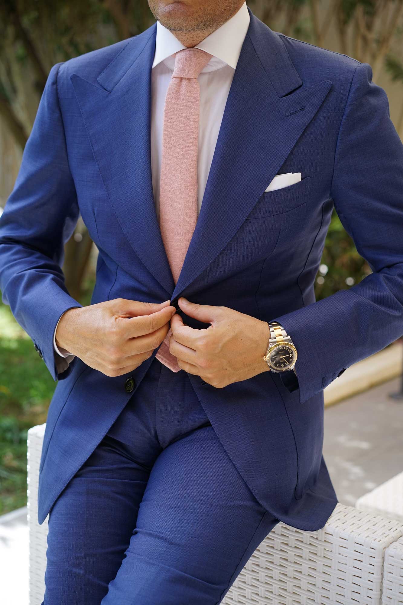 New York Dusty Nude Pink Linen Skinny Tie - Image 7