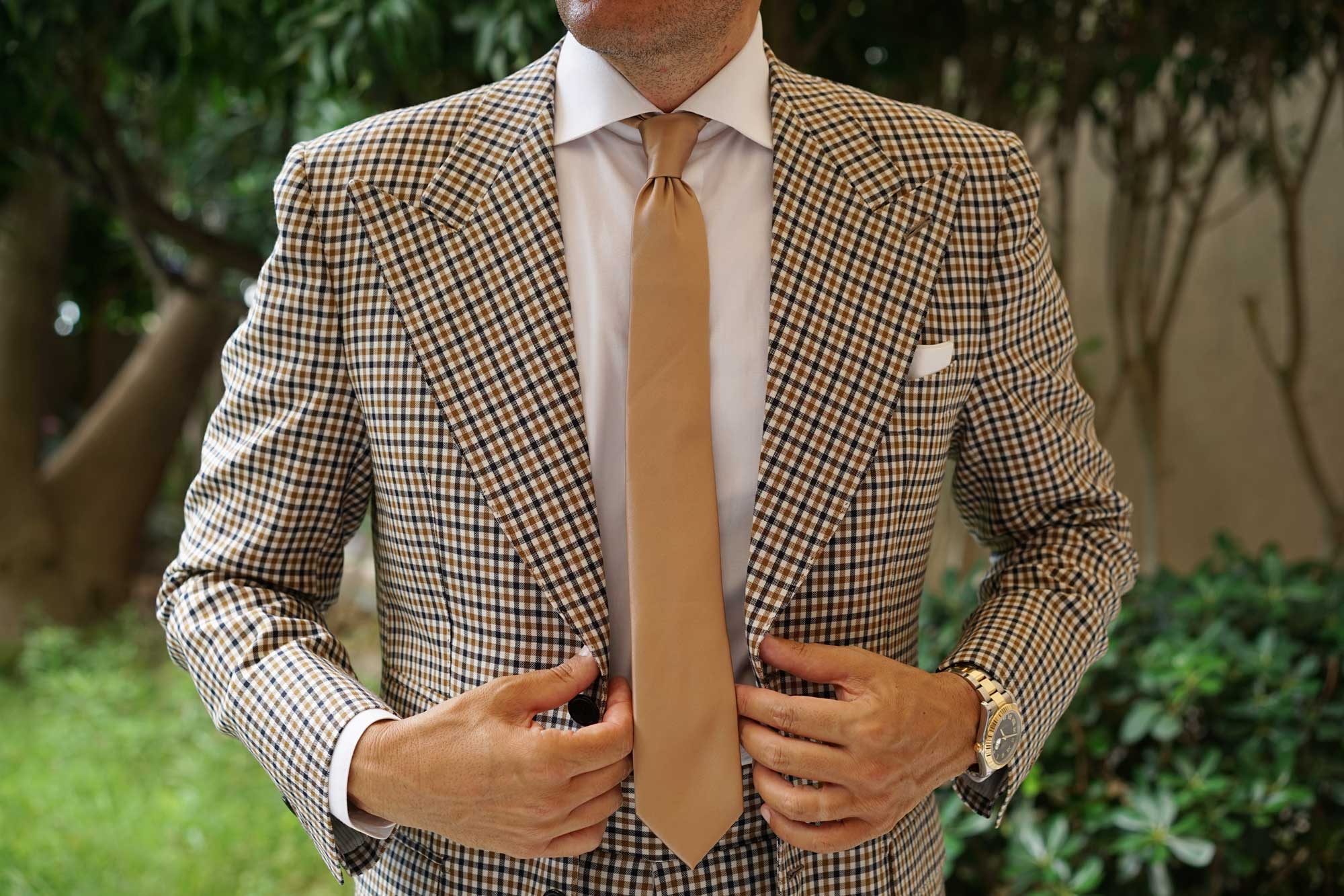 Nude Brown Satin Skinny Tie - Image 8