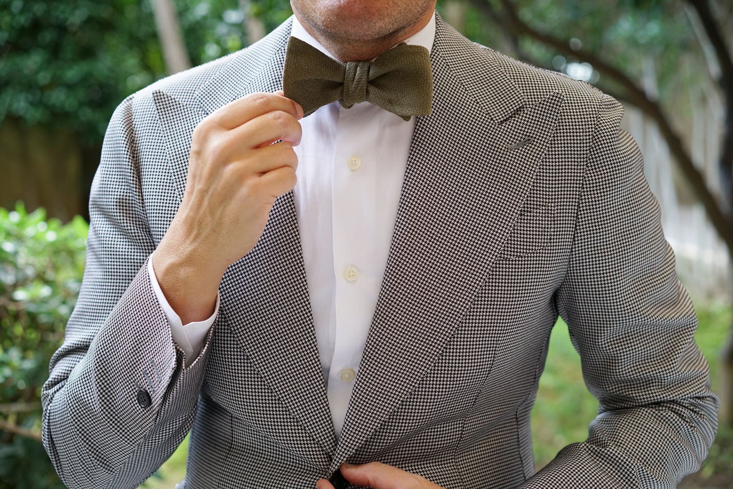 Olive Green Basket Weave Linen Self Bow Tie - Image 10