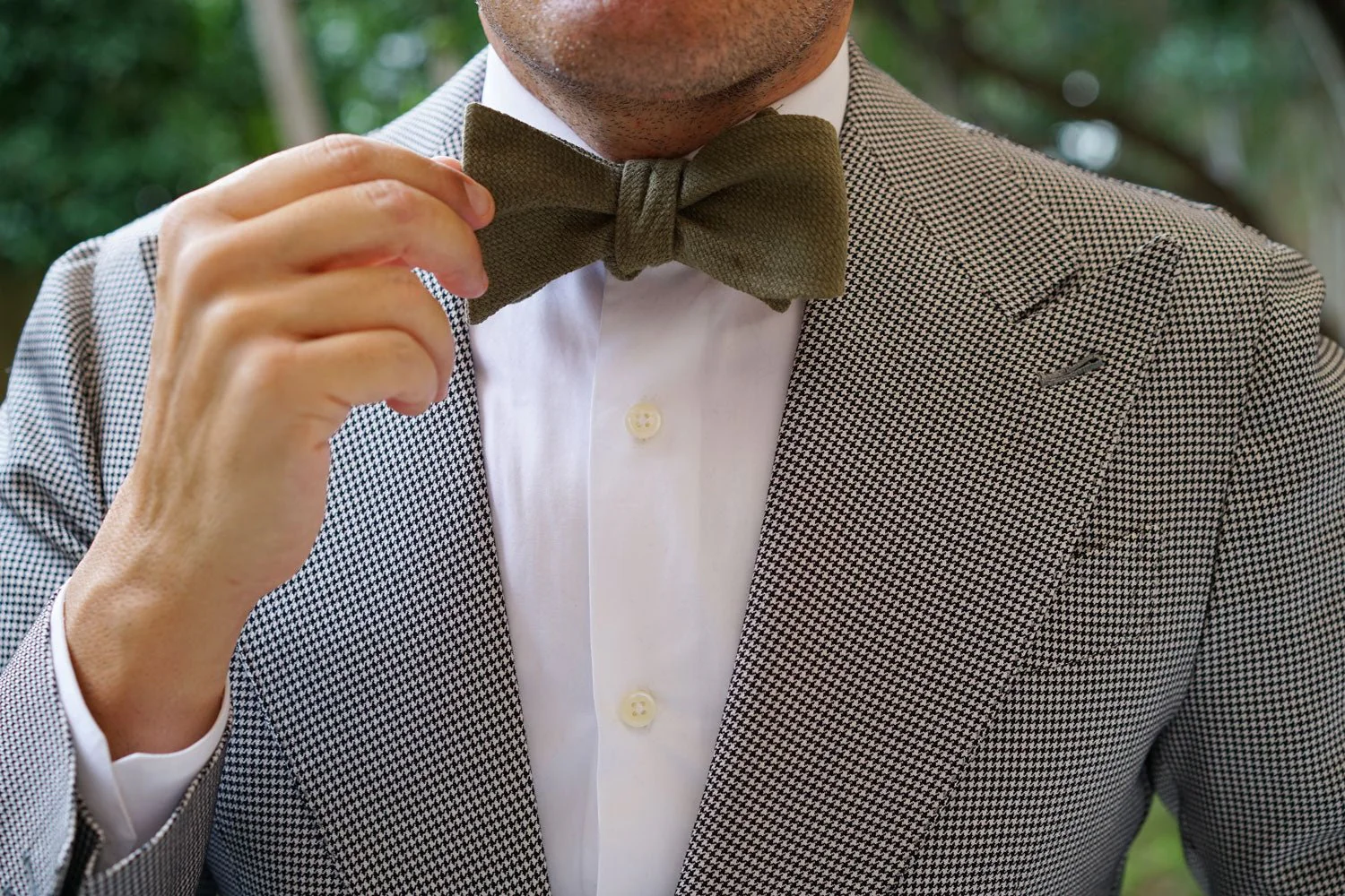 Olive Green Basket Weave Linen Self Bow Tie - Image 11