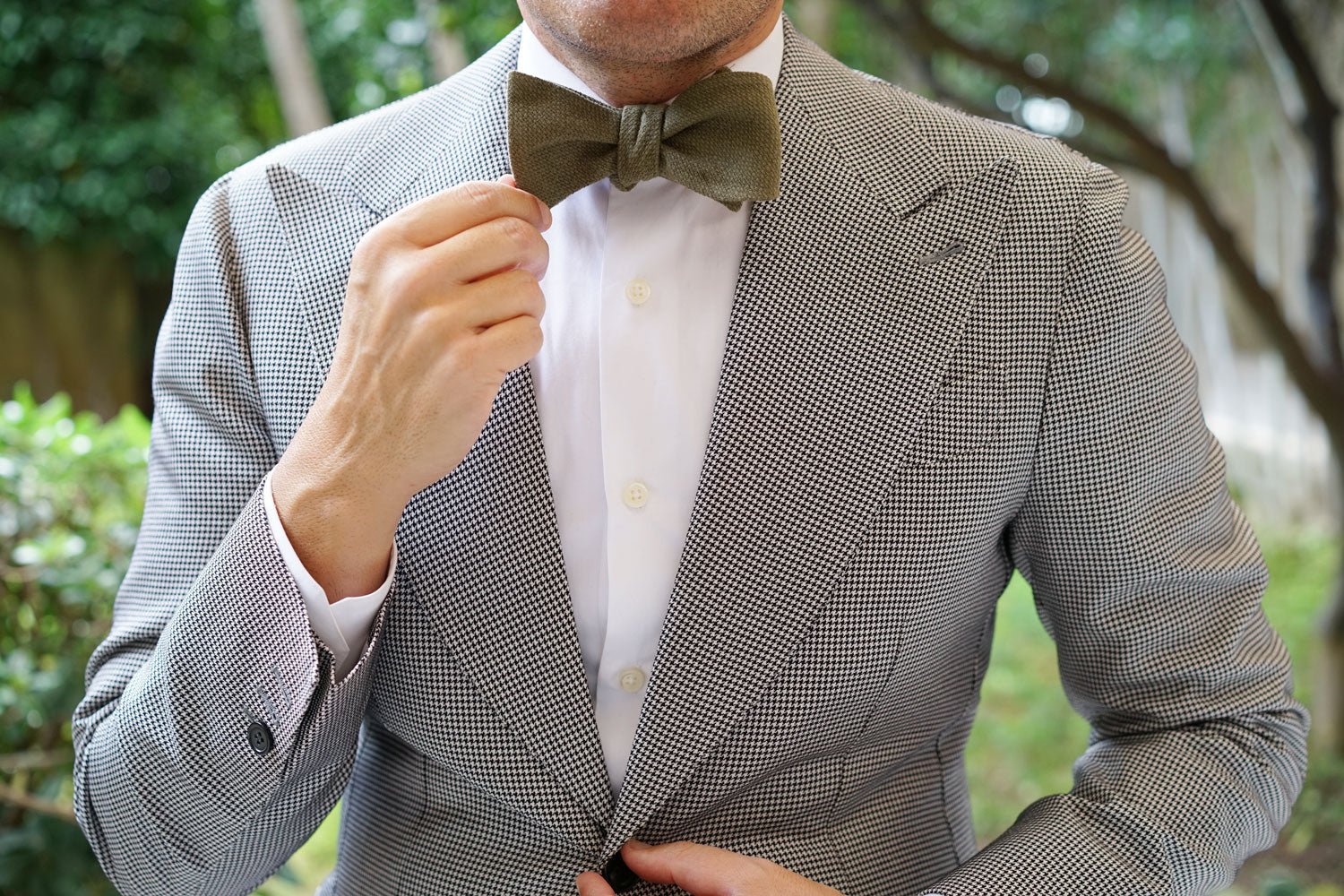 Olive Green Basket Weave Linen Self Bow Tie - Image 6