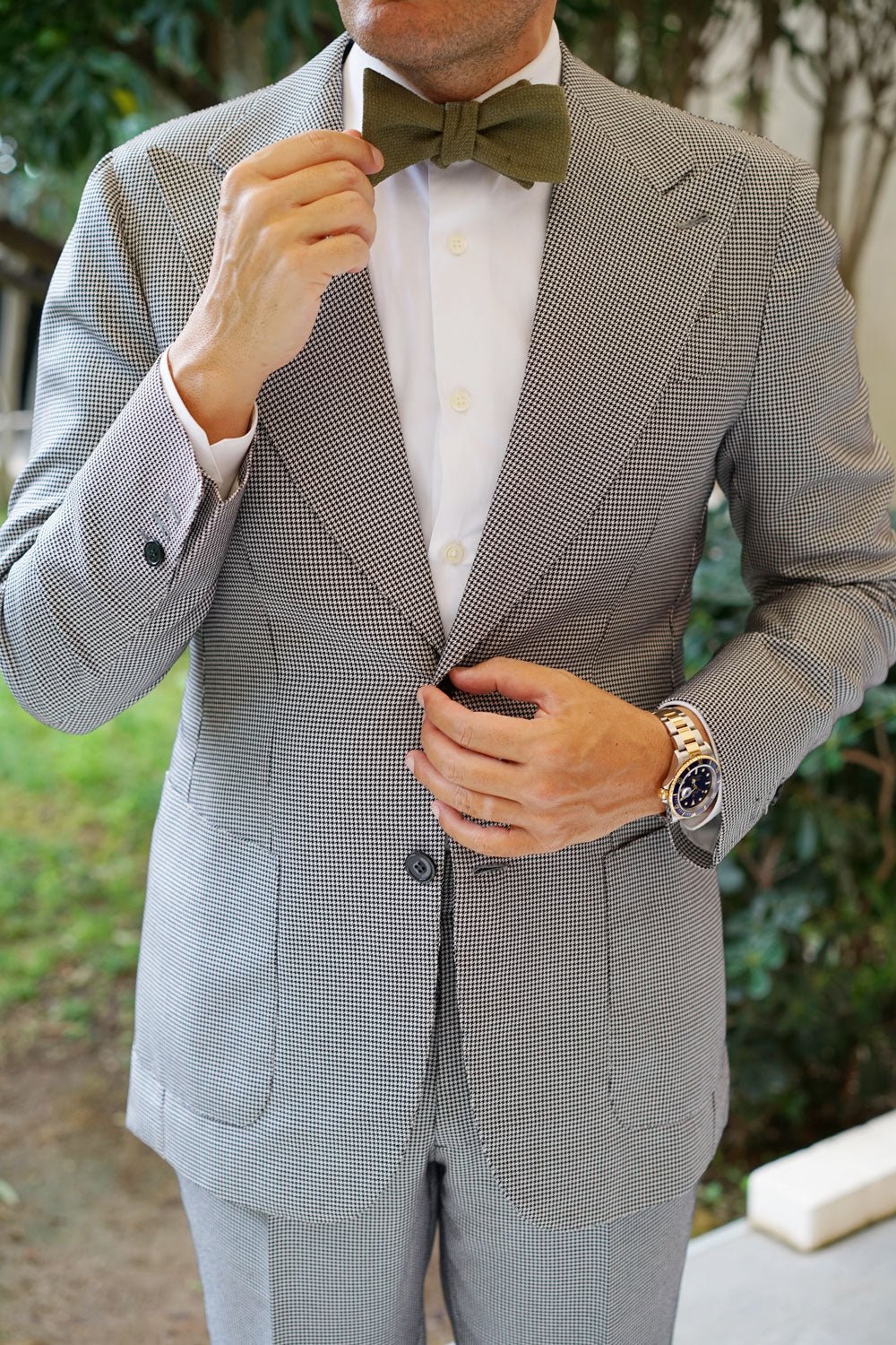 Olive Green Basket Weave Linen Self Bow Tie - Image 8