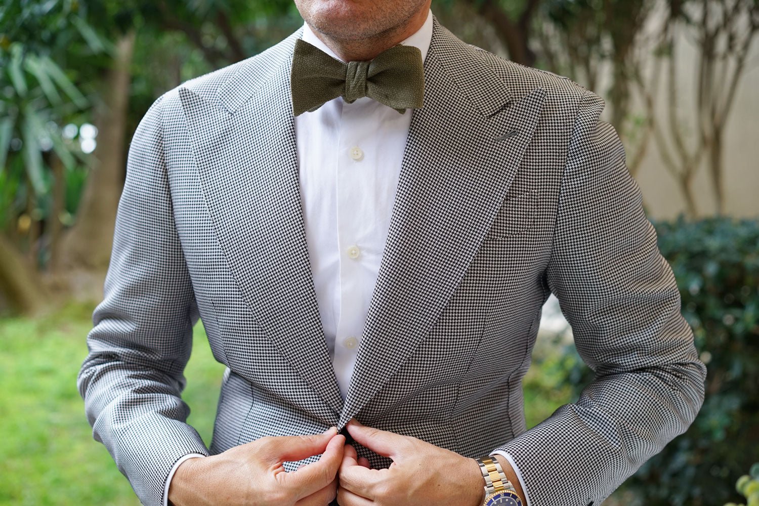 Olive Green Basket Weave Linen Self Bow Tie - Image 9