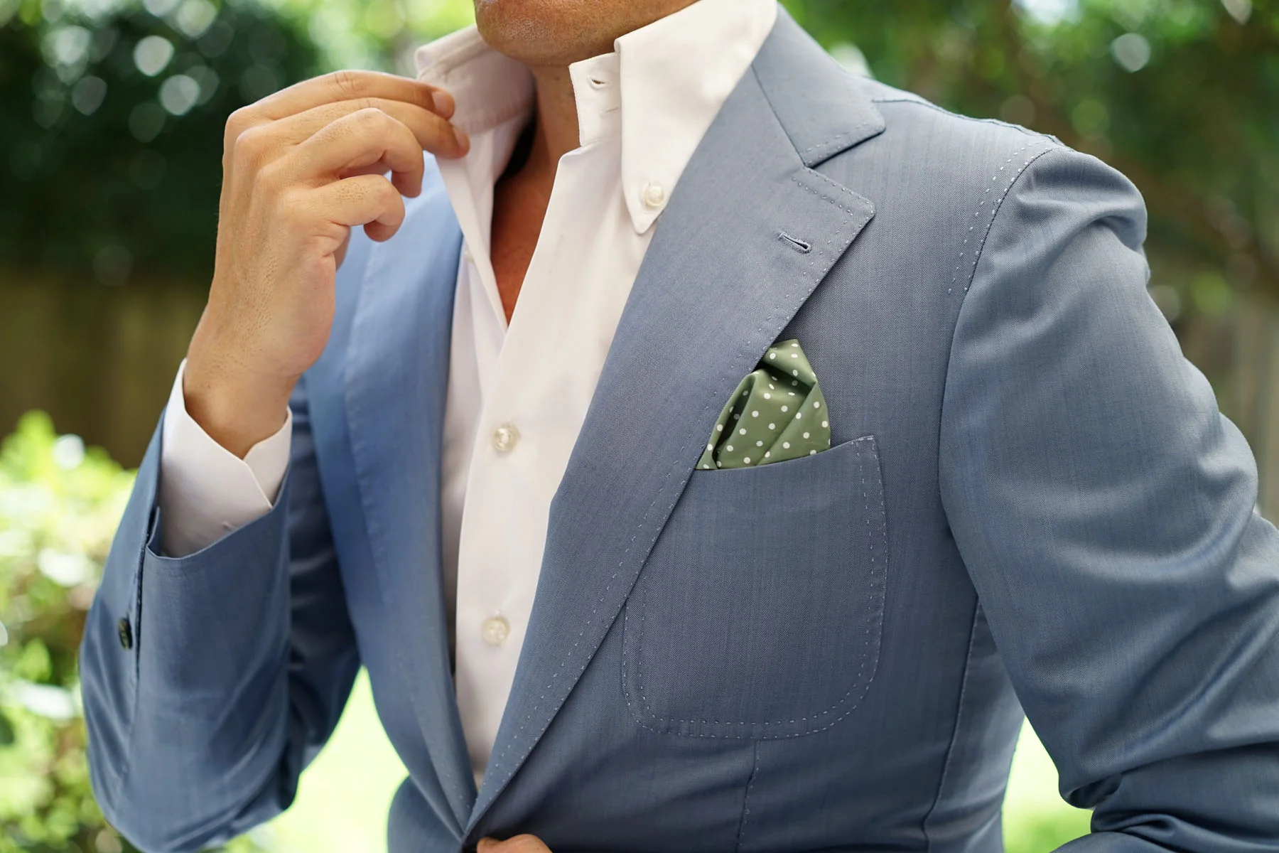 Olive Green Cotton with Mini White Polka Dots Pocket Square - Image 5