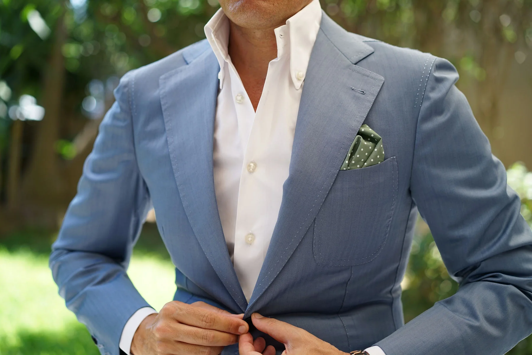 Olive Green Cotton with Mini White Polka Dots Pocket Square - Image 7