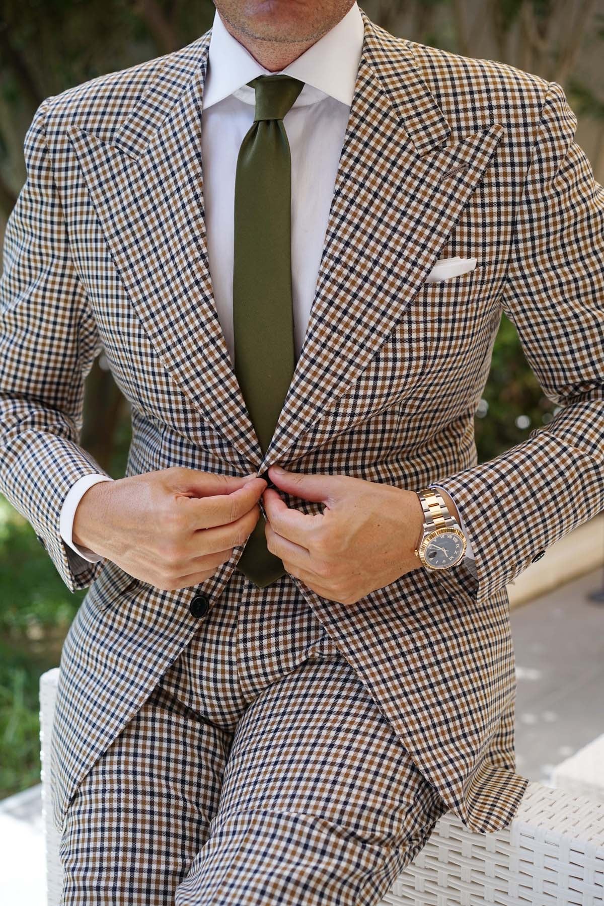 Olive Green Satin Skinny Tie - Image 5