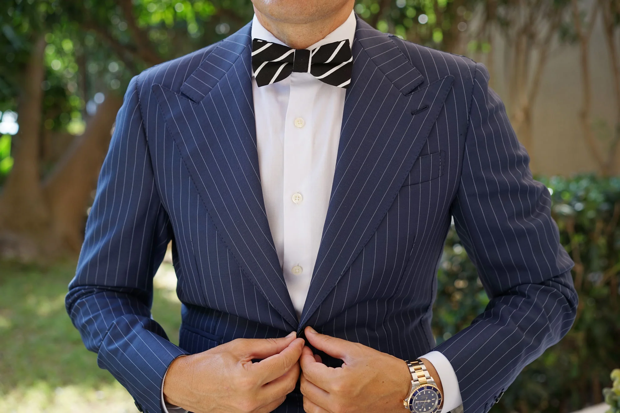 Onyx Black Pencil Striped Linen Bow Tie - Image 7